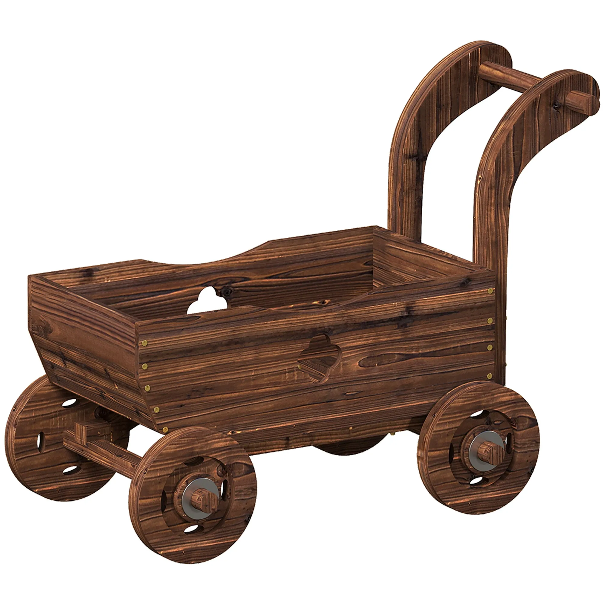 Outsunny Wooden Cart Planter with 4 Wheels, Handle and Drainage Holes, 68x38x52 cm, Wood