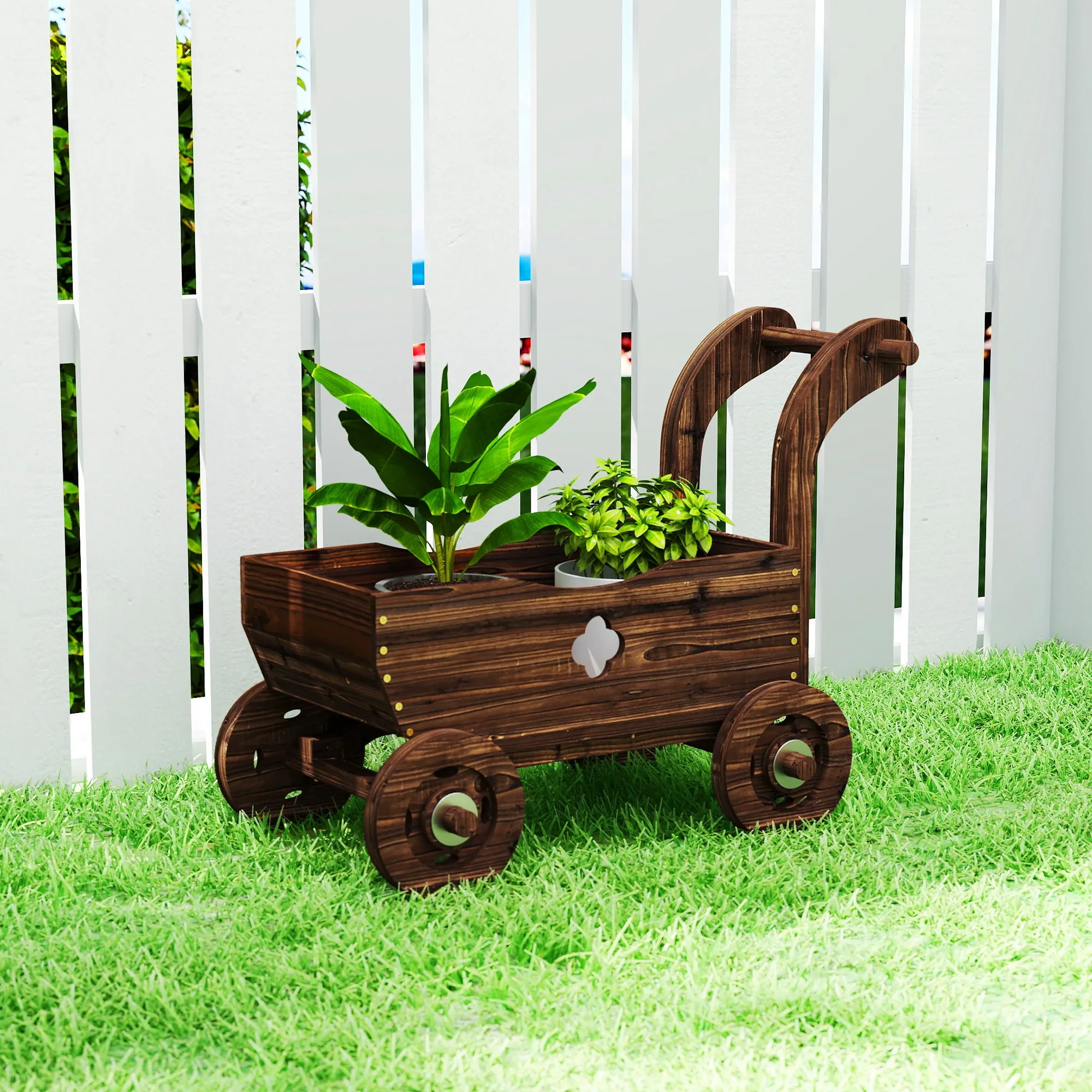 Outsunny Wooden Cart Planter with 4 Wheels, Handle and Drainage Holes, 68x38x52 cm, Wood - Image 2