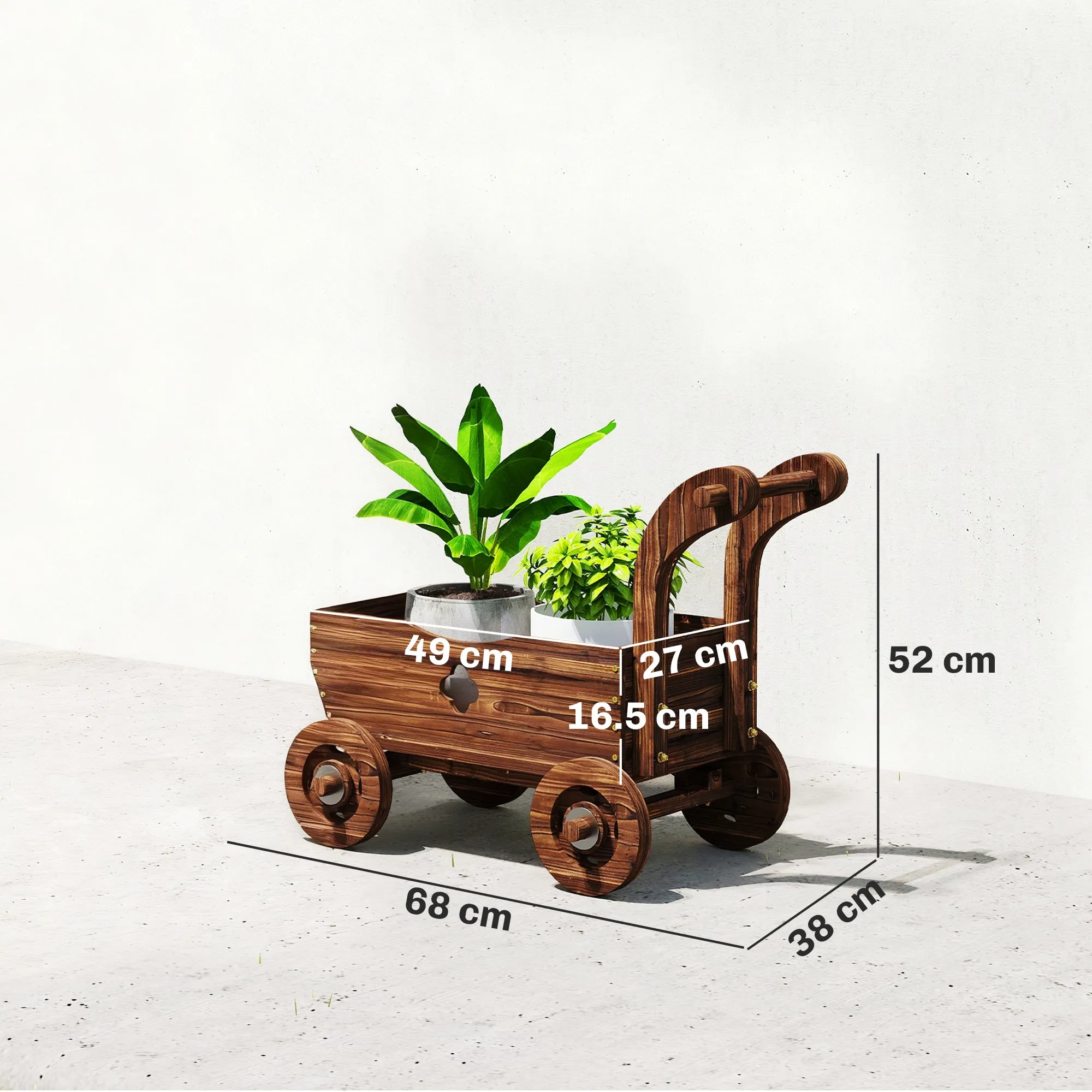 Outsunny Wooden Cart Planter with 4 Wheels, Handle and Drainage Holes, 68x38x52 cm, Wood - Image 3