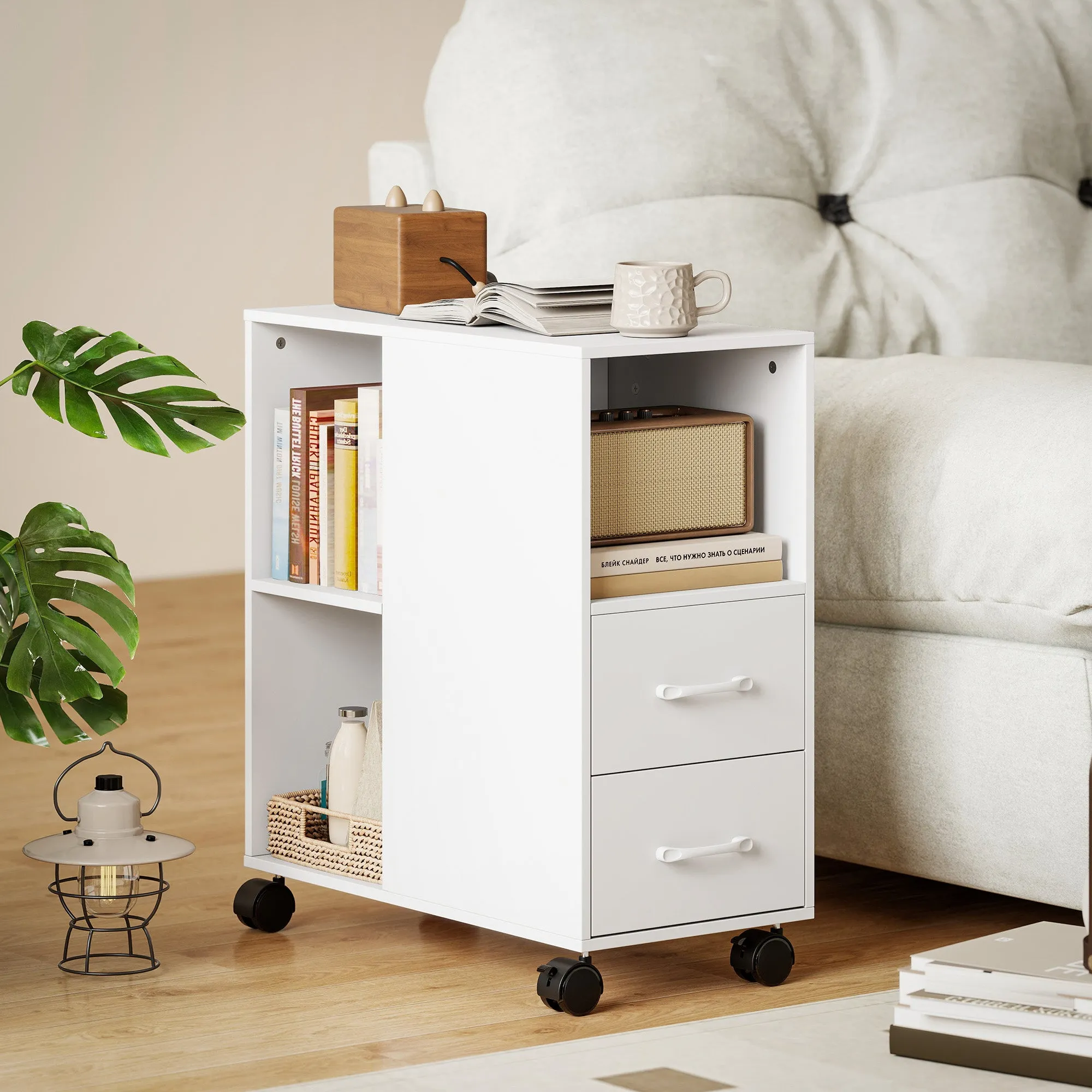 HOMCOM Minimalist Side Table with Wheels, 2 Drawers, Open Compartment and Adjustable Shelf, Wooden, 60x30x65 cm, White - Image 2