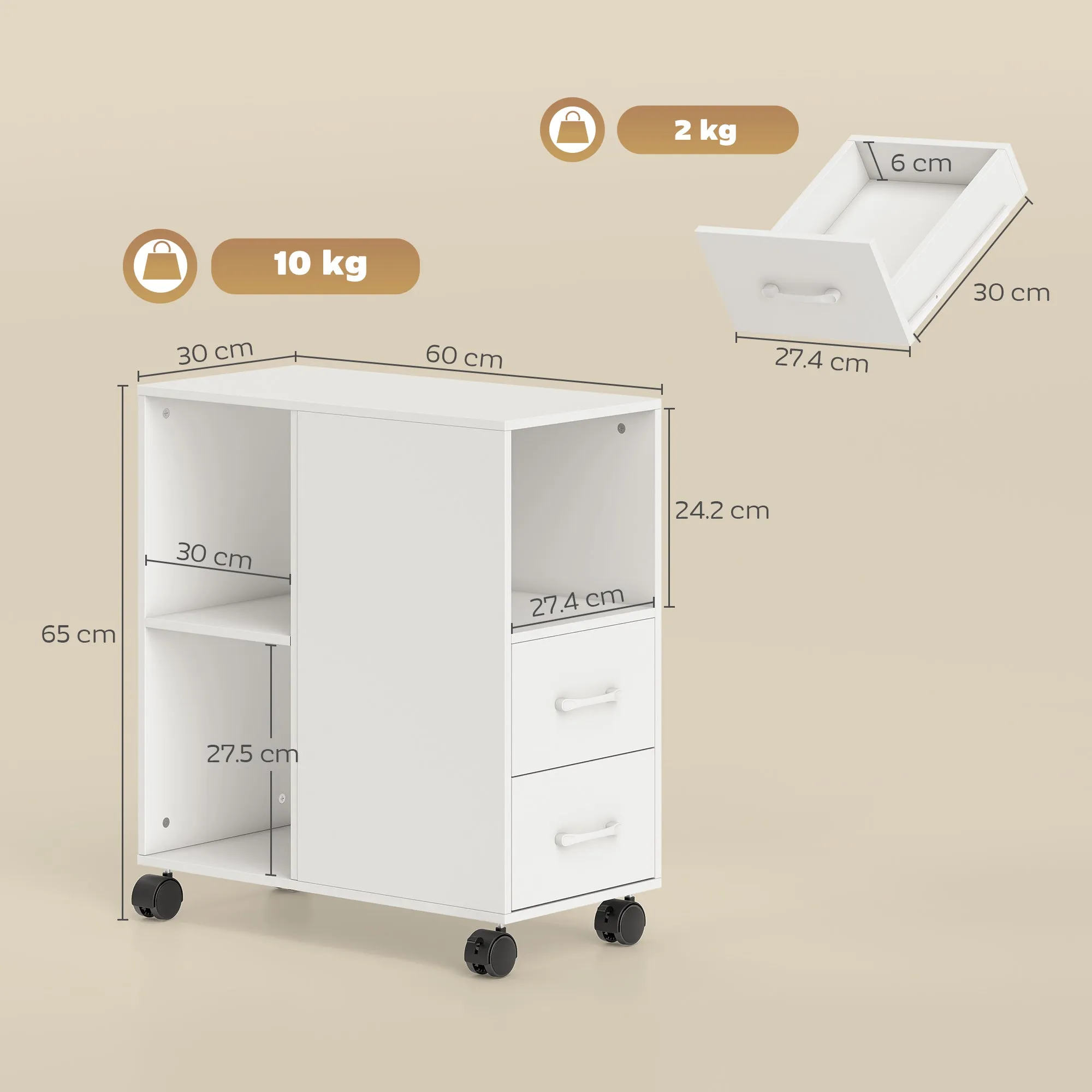 HOMCOM Minimalist Side Table with Wheels, 2 Drawers, Open Compartment and Adjustable Shelf, Wooden, 60x30x65 cm, White - Image 3