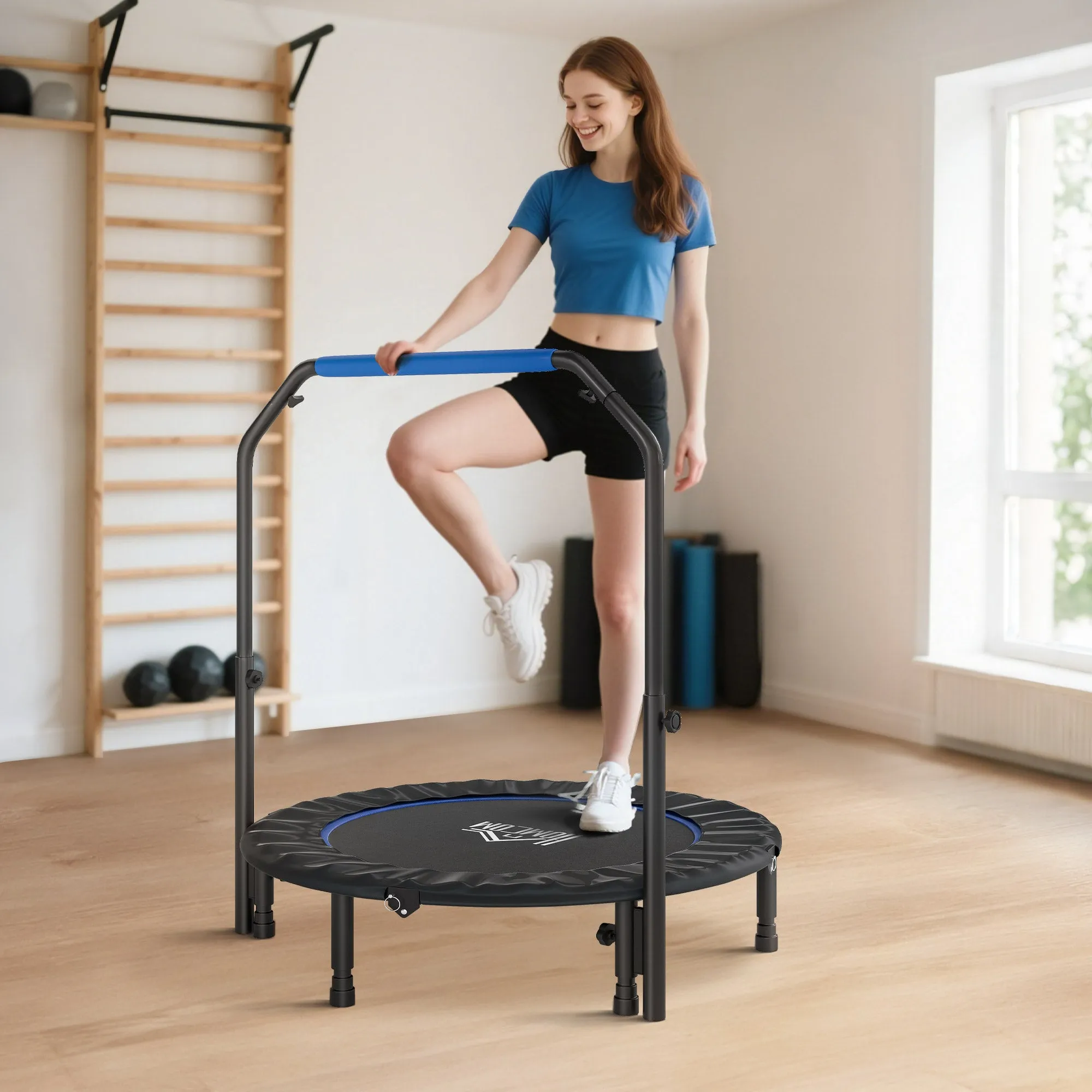 HOMCOM Mini Fitness Trampoline Ø114 cm Foldable with Height-Adjustable Handlebar, Blue and Black - Image 2