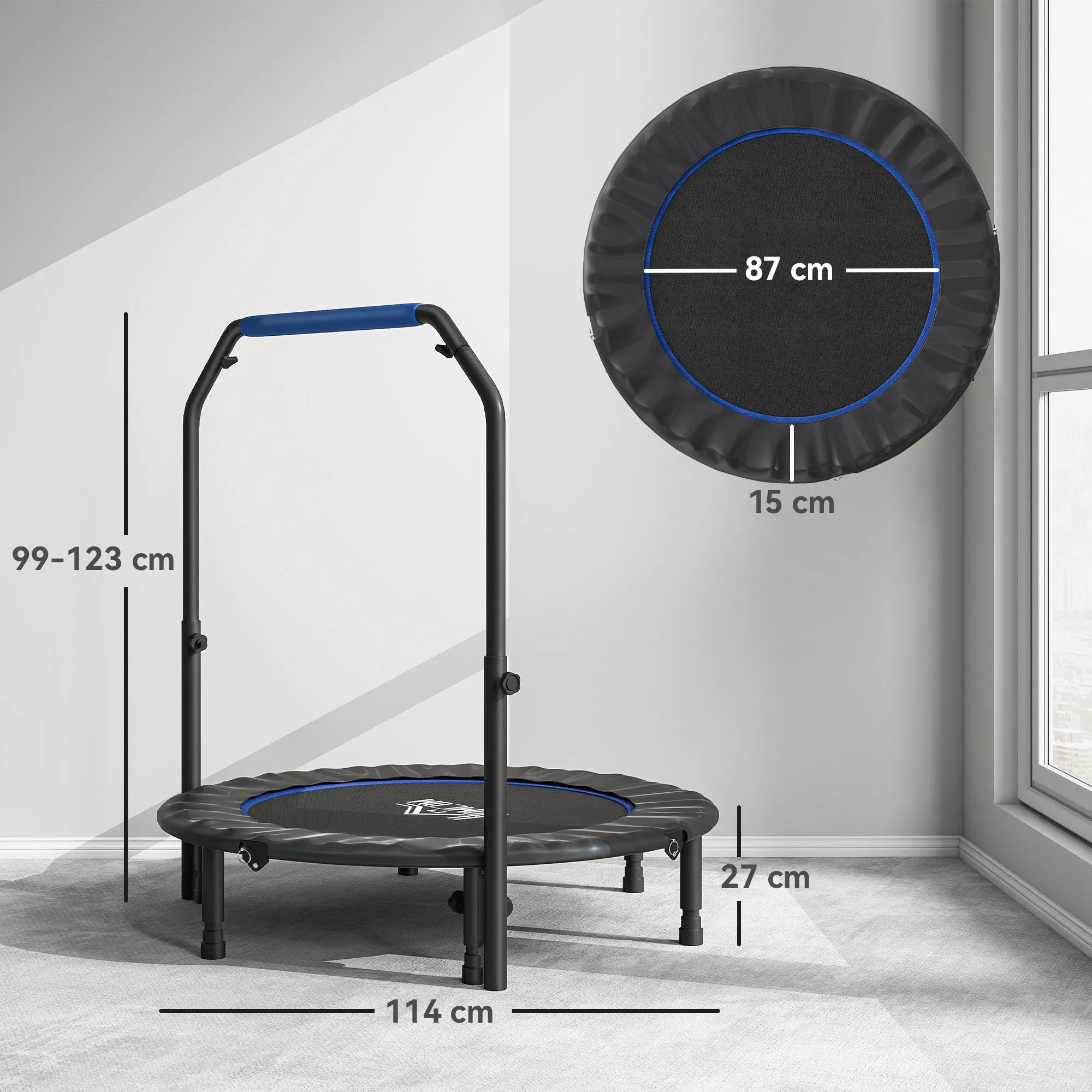 HOMCOM Mini Fitness Trampoline Ø114 cm Foldable with Height-Adjustable Handlebar, Blue and Black - Image 3