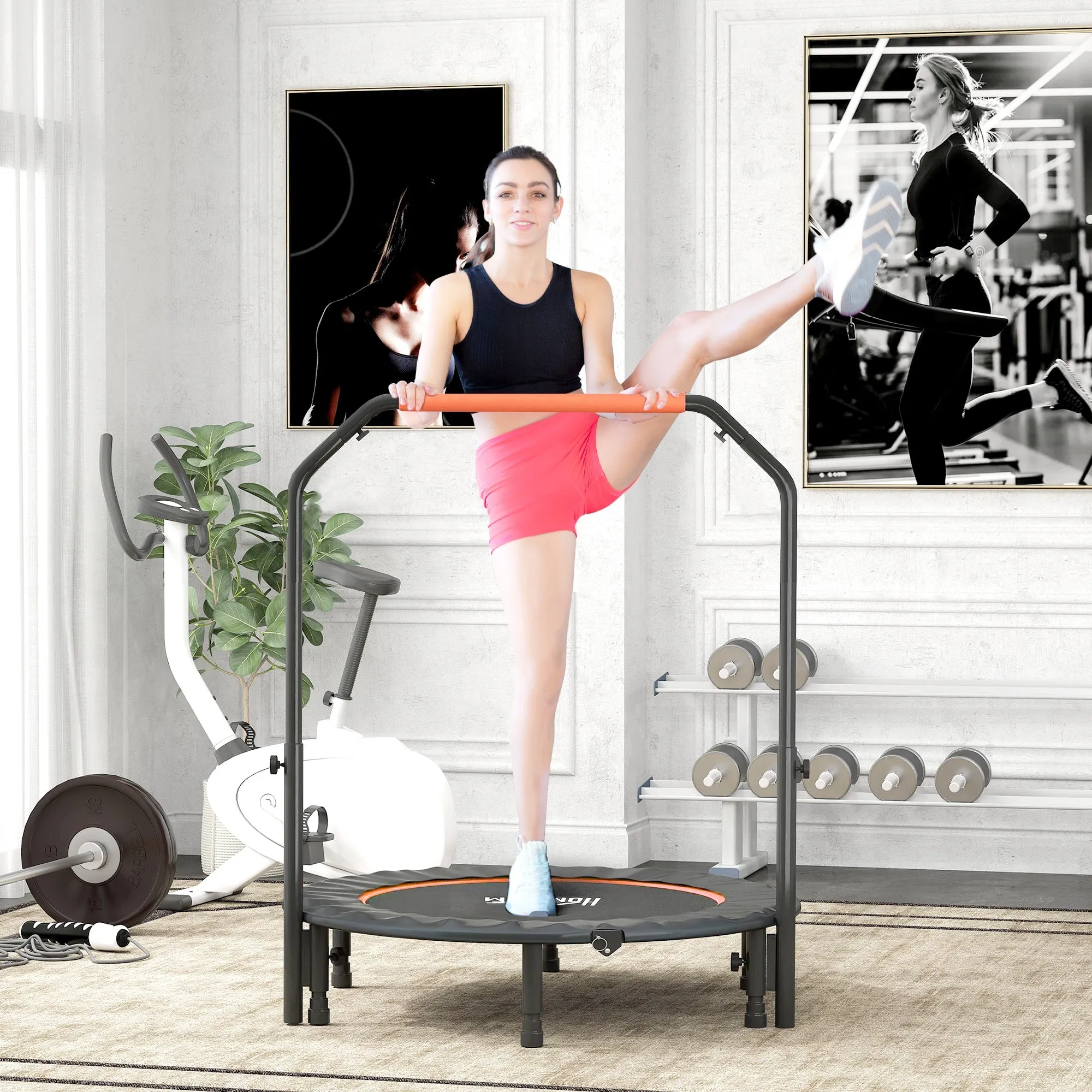 HOMCOM Mini Fitness Trampoline Ø114 cm Foldable with Height-Adjustable Handlebar, Orange and Black - Image 2