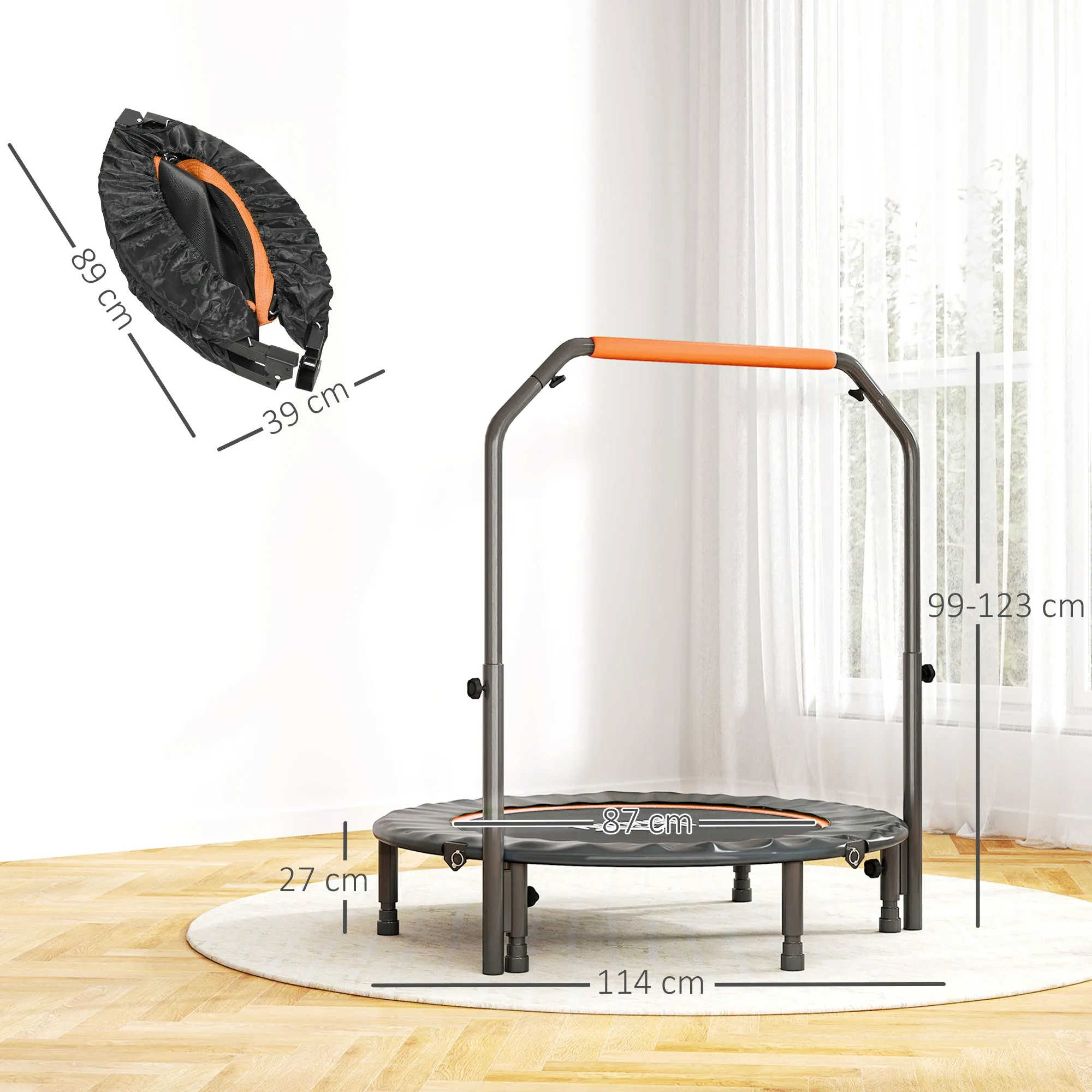 HOMCOM Mini Fitness Trampoline Ø114 cm Foldable with Height-Adjustable Handlebar, Orange and Black - Image 3