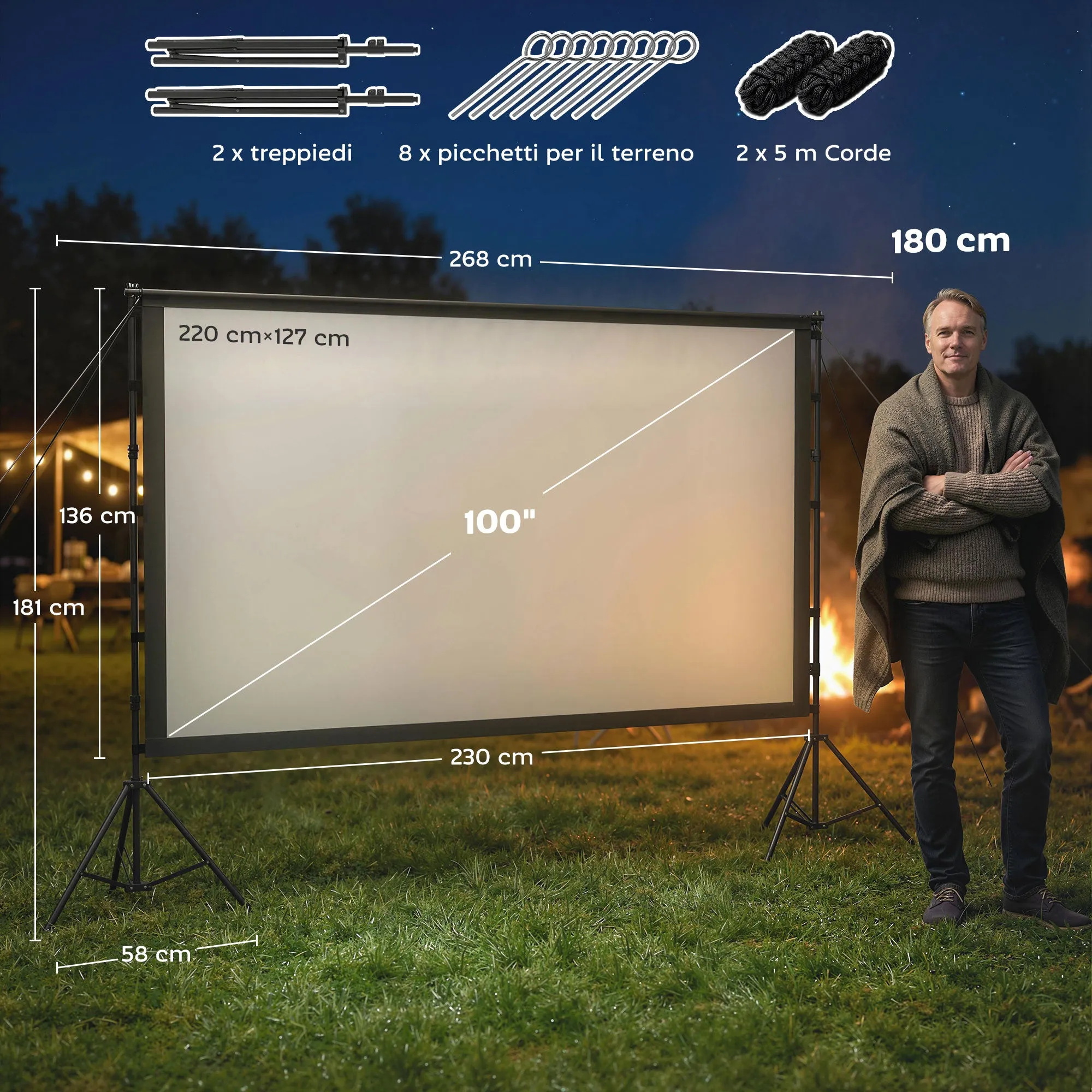 HOMCOM 100" 16:9 HD 4K/8K Projector Screen, 160° Viewing Angle, Double-Sided and Foldable Tripod, White - Image 3