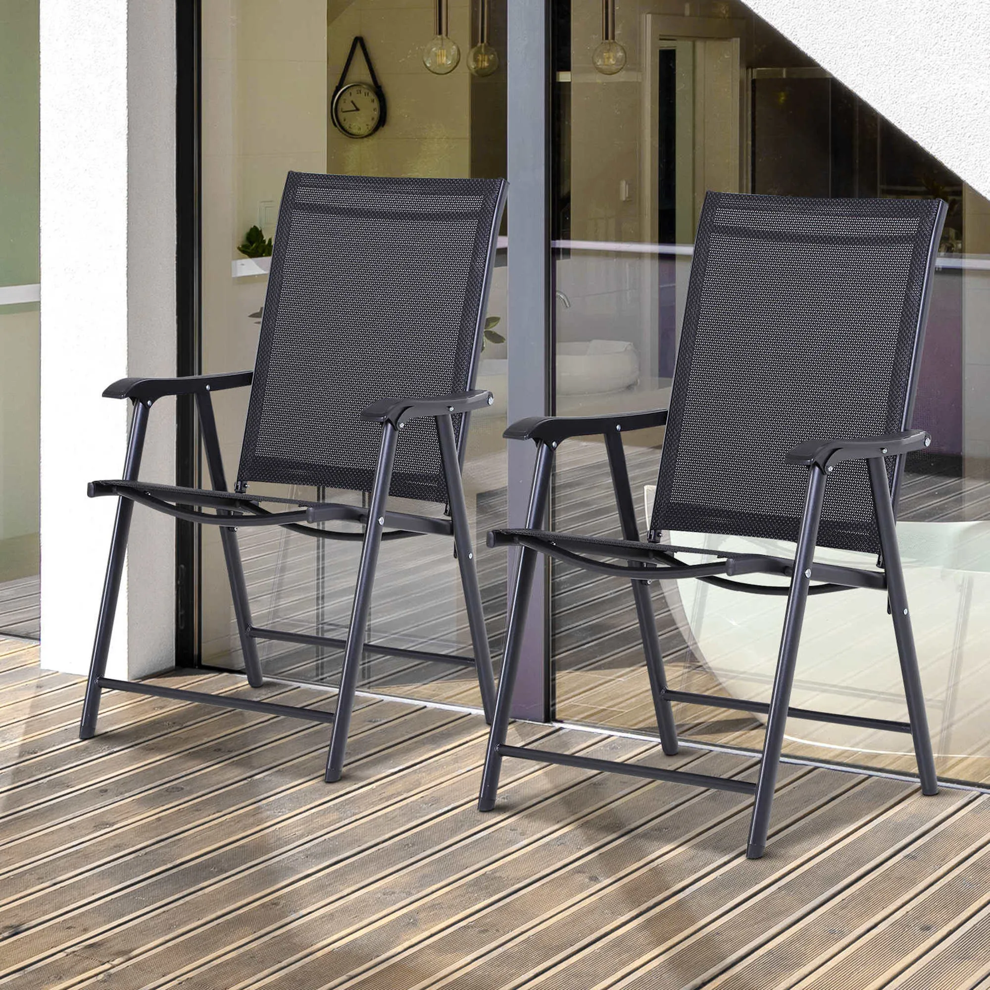 Outsunny Set of 2 Folding Garden Chairs with Metal and Texteline Armrests, 58x64x94cm, Black - Image 2