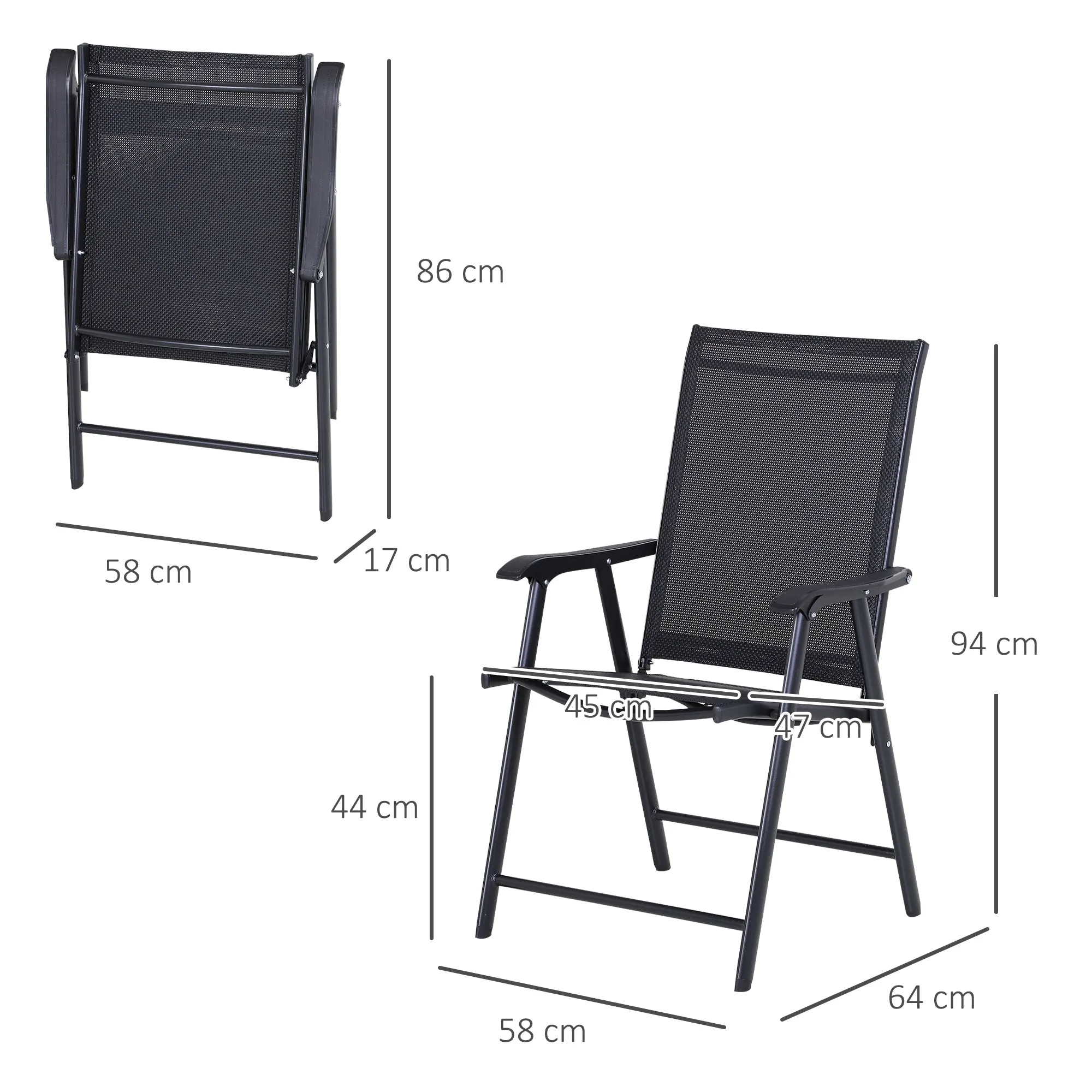 Outsunny Set of 2 Folding Garden Chairs with Metal and Texteline Armrests, 58x64x94cm, Black - Image 3