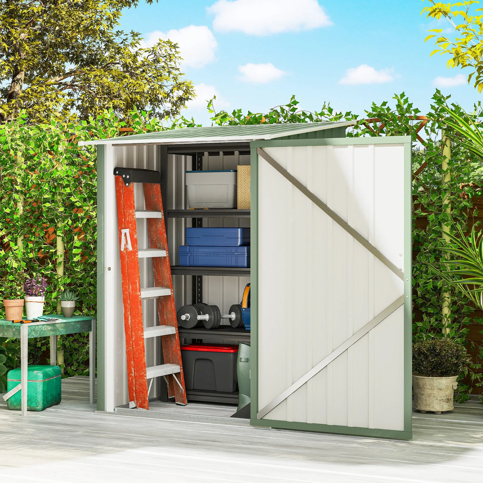 Outsunny Galvanized Steel Garden Shed with Door, 100x104x160 cm, Light Green - Image 2