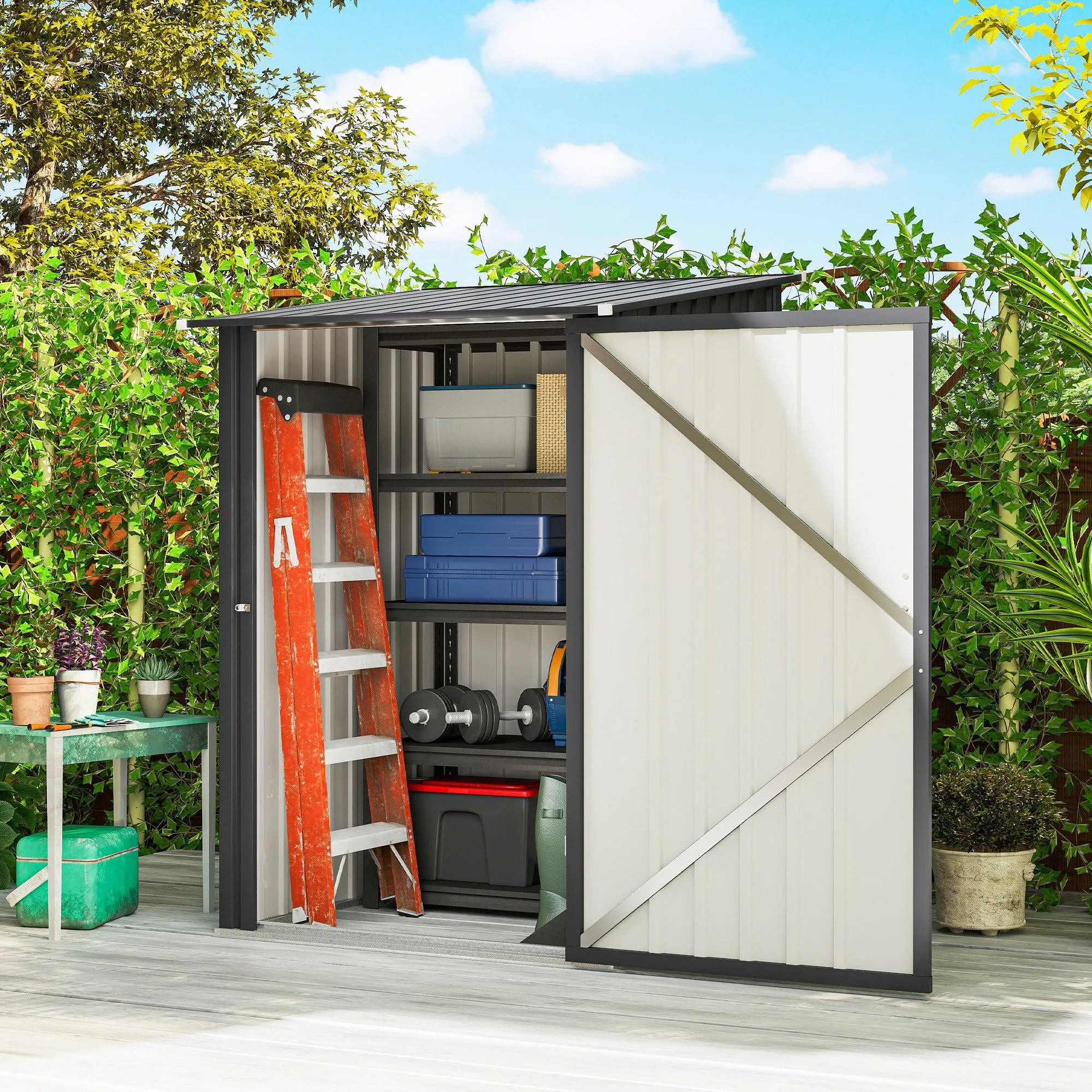 Outsunny Galvanized Steel Garden Shed with Door, 100x104x160 cm, Dark Grey - Image 2