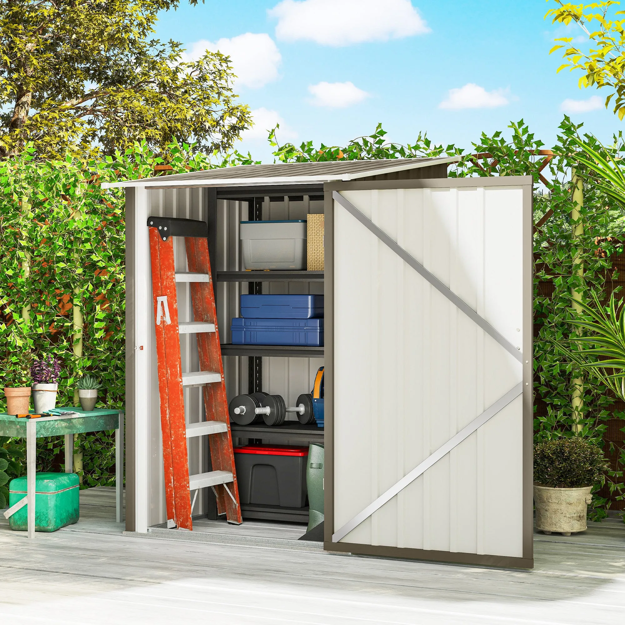 Outsunny Galvanized Steel Garden Shed with Door, 100x104x160 cm, Brown and White - Image 2