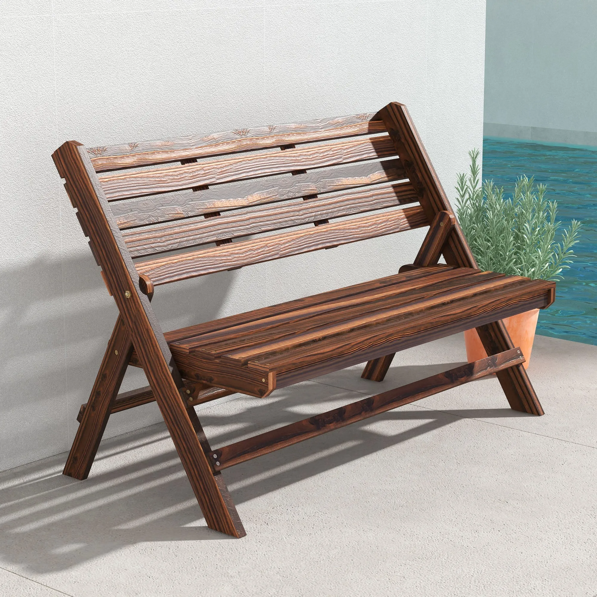 Outsunny 2-Seater Folding Garden Bench with Slatted Pine Wood, 122x63x83 cm, Carbonized - Image 2