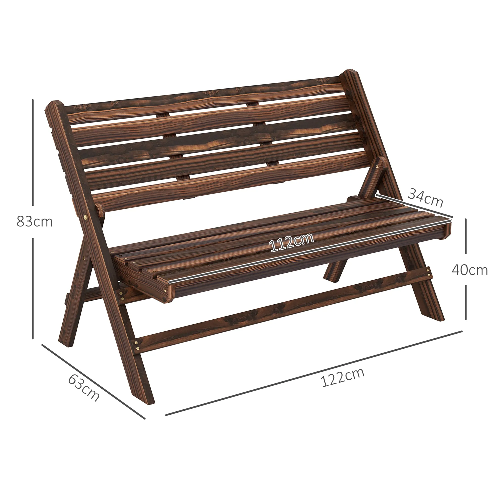 Outsunny 2-Seater Folding Garden Bench with Slatted Pine Wood, 122x63x83 cm, Carbonized - Image 3