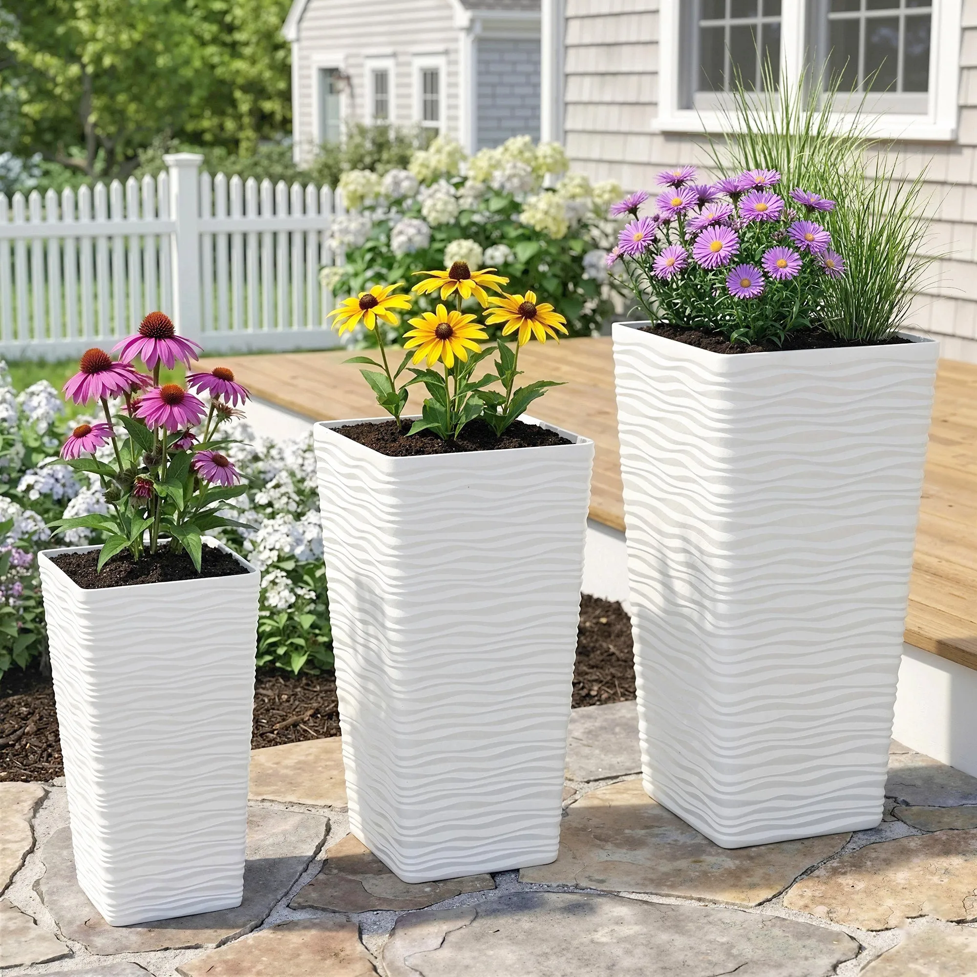 Outsunny Set of 3 Stackable Outdoor Planters with Wavy Pattern in Plastic, 42/55/65 cm, White - Image 2