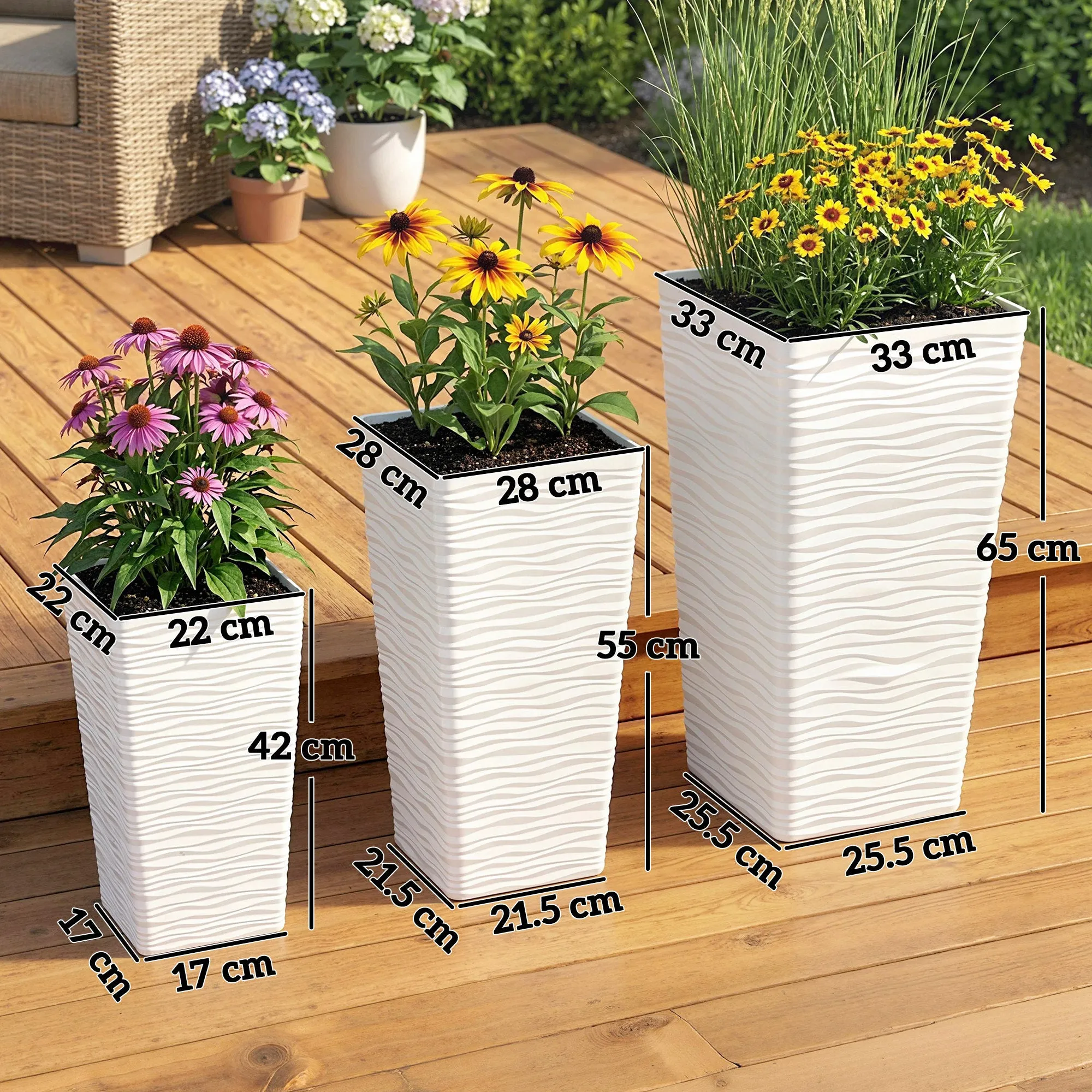 Outsunny Set of 3 Stackable Outdoor Planters with Wavy Pattern in Plastic, 42/55/65 cm, White - Image 3