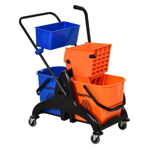 HOMCOM 26L Professional Cleaning Trolley with 2 Floor Mopping Buckets, Made of Plastic and Metal, 78x45x95 cm, Orange and Blue