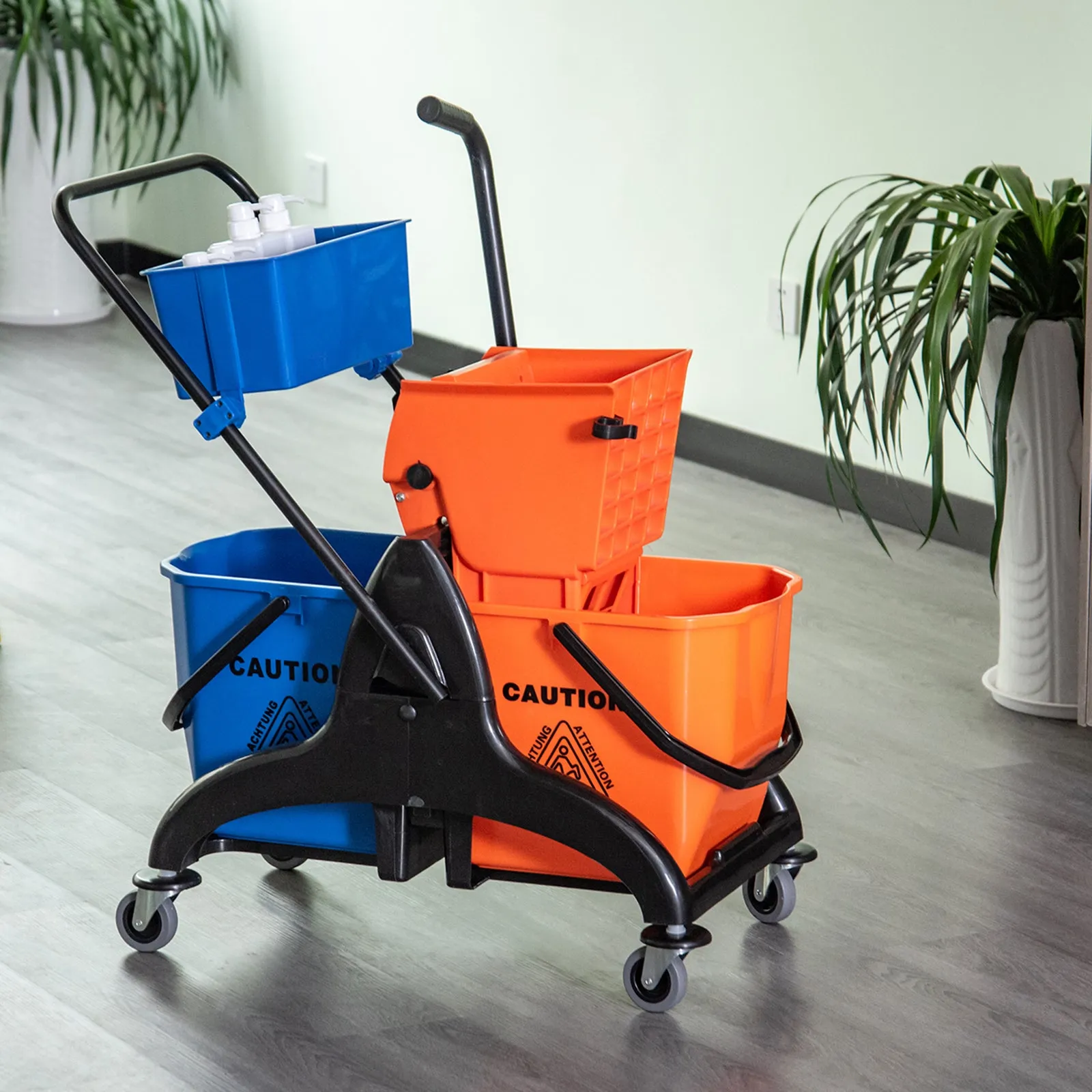 HOMCOM 26L Professional Cleaning Trolley with 2 Floor Mopping Buckets, Made of Plastic and Metal, 78x45x95 cm, Orange and Blue - Image 2