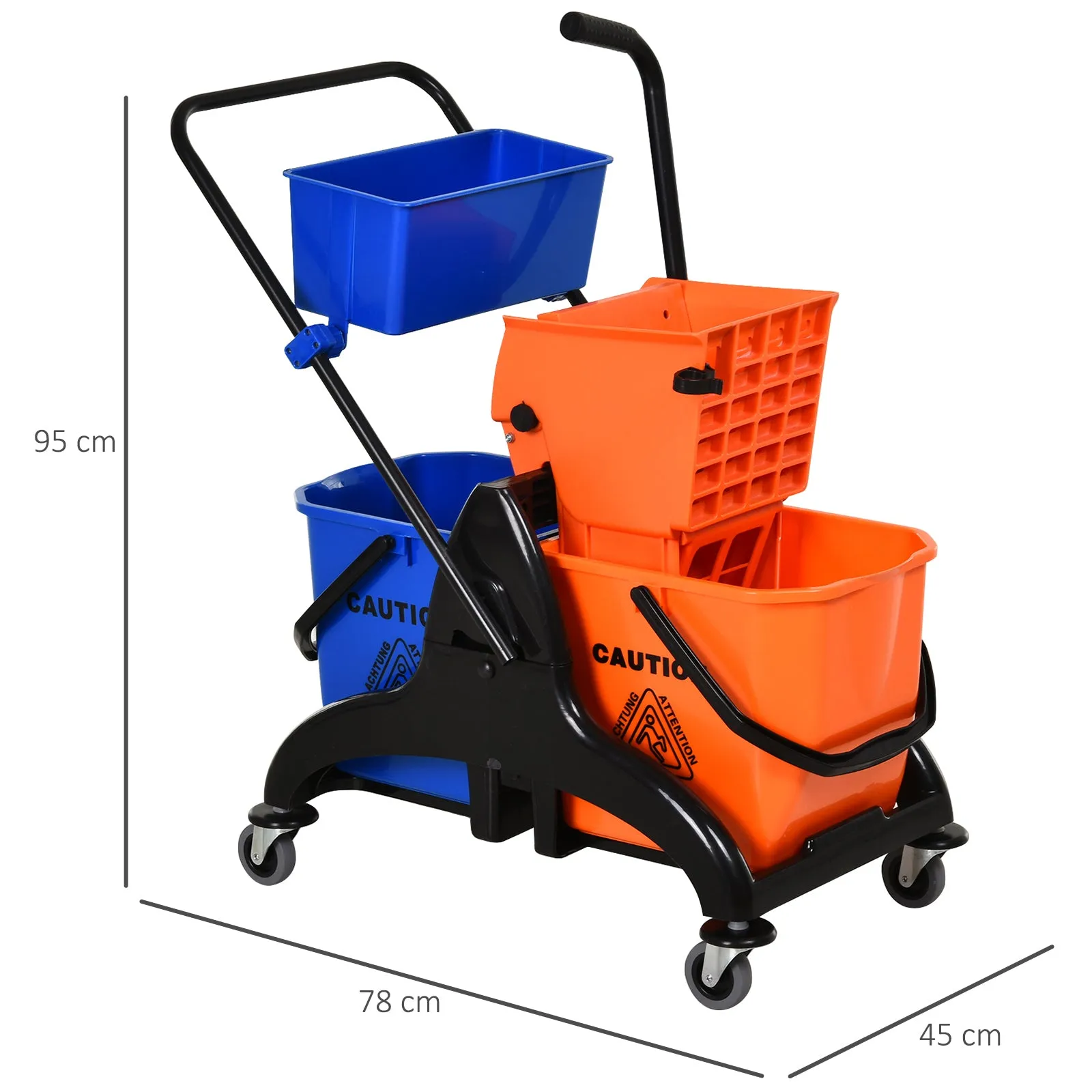 HOMCOM 26L Professional Cleaning Trolley with 2 Floor Mopping Buckets, Made of Plastic and Metal, 78x45x95 cm, Orange and Blue - Image 3