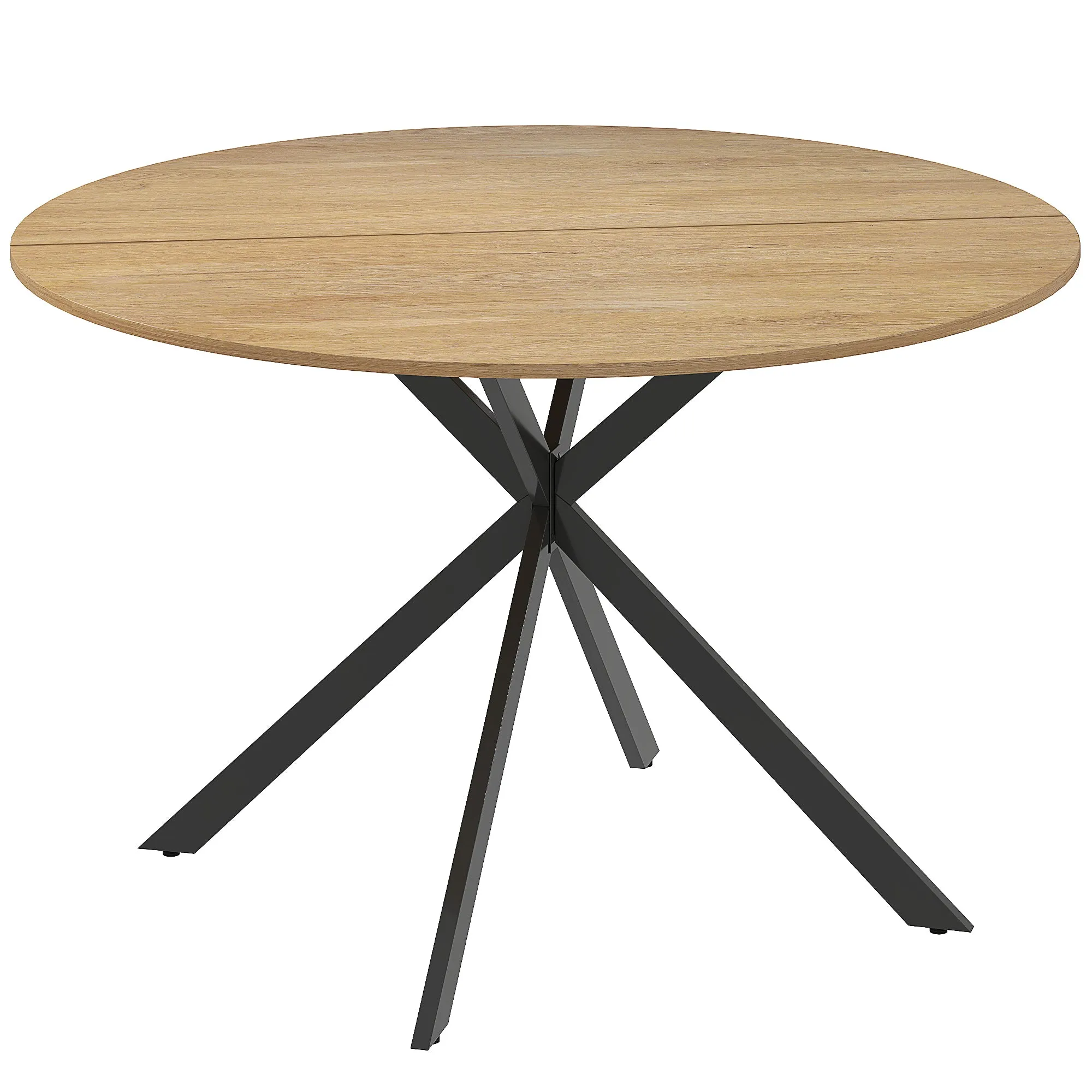 Industrial Style Round Dining Table with Steel Cross Legs, Ø120x75 cm, Oak Color