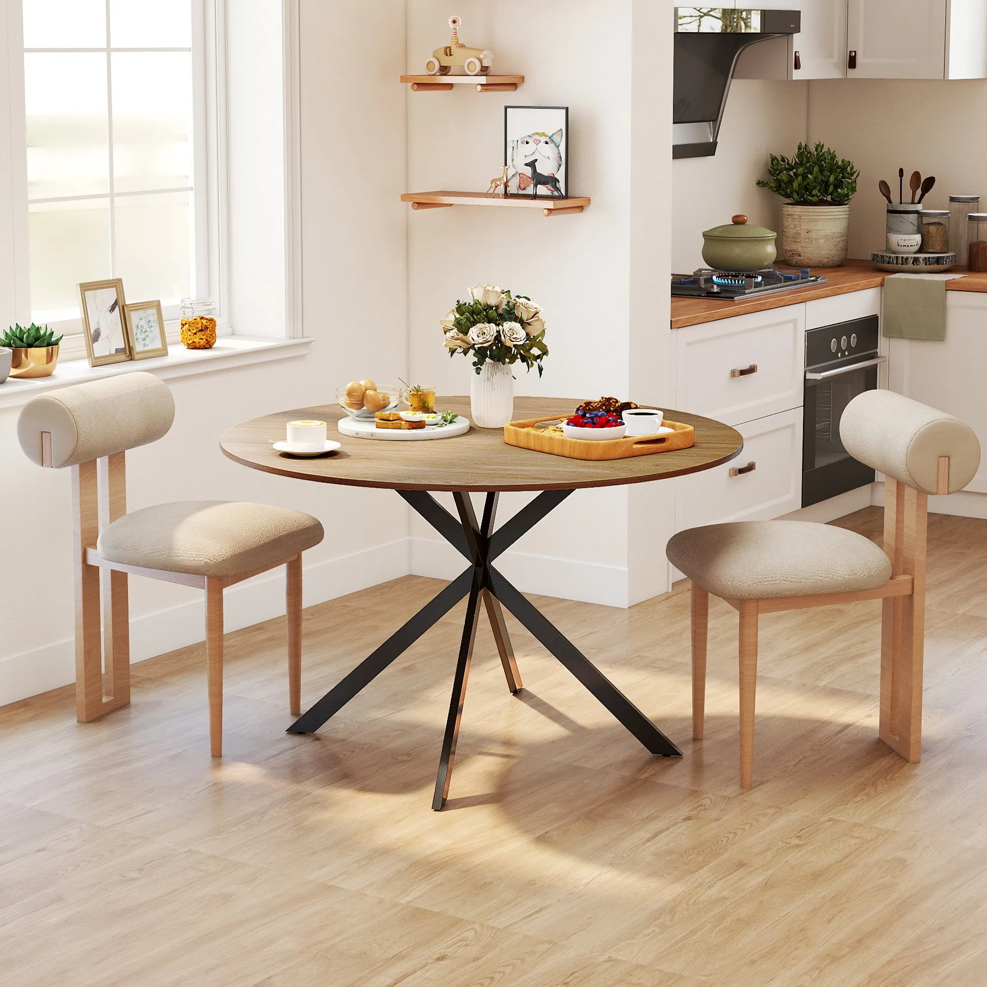 Industrial Style Round Dining Table with Steel Cross Legs, Ø120x75 cm, Oak Color - Image 2