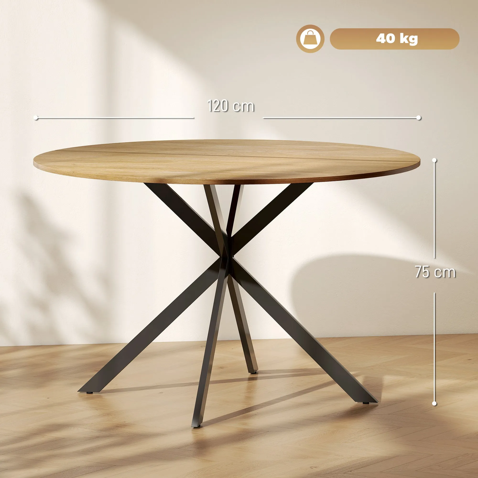 Industrial Style Round Dining Table with Steel Cross Legs, Ø120x75 cm, Oak Color - Image 3