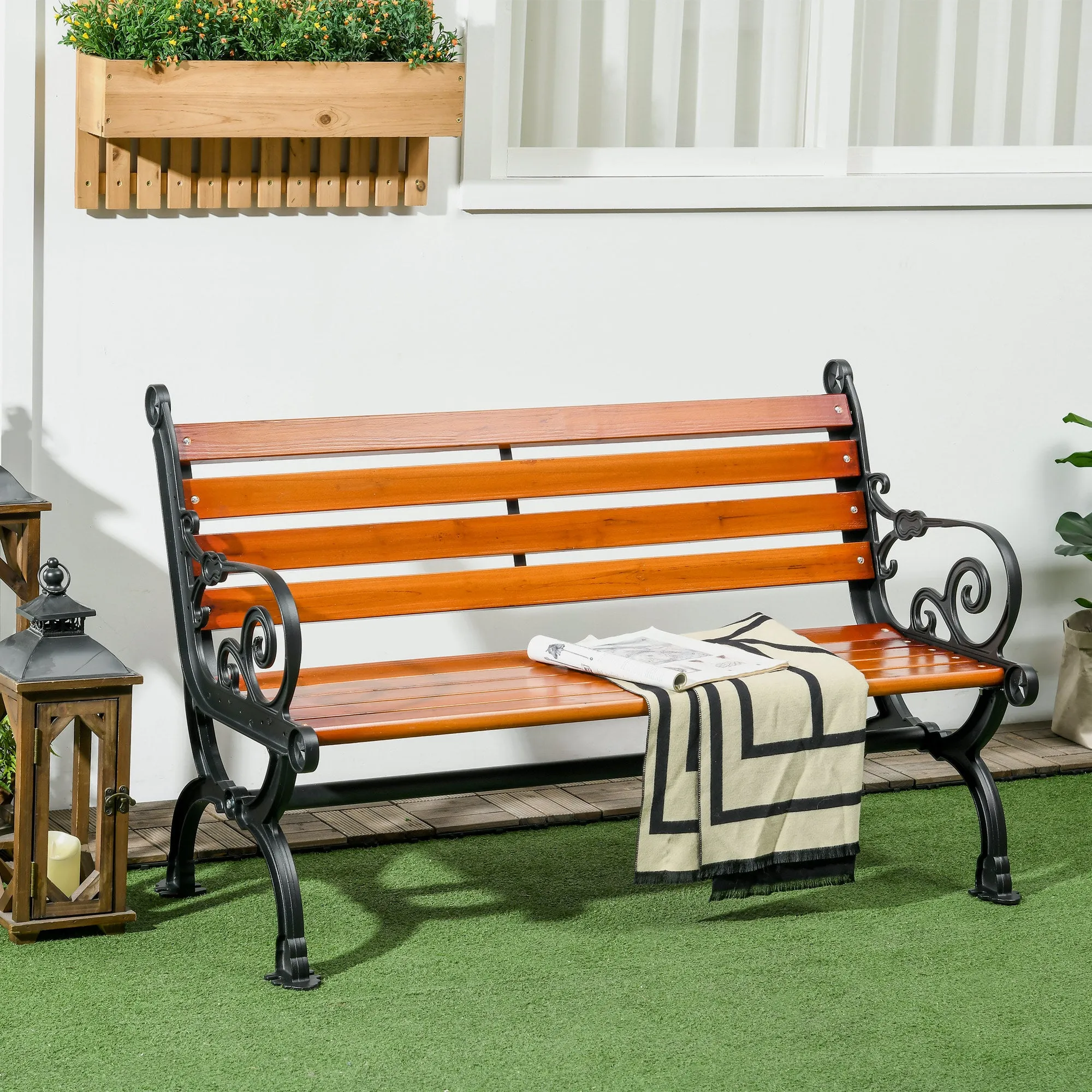 Outsunny 2-Seater Garden Bench in Aluminum and Wood with Slats and Armrests, 120x64x79cm, Teak - Image 2
