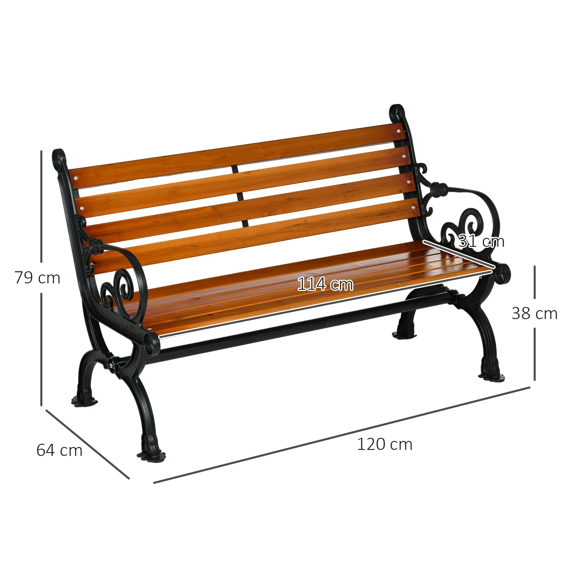 Outsunny 2-Seater Garden Bench in Aluminum and Wood with Slats and Armrests, 120x64x79cm, Teak - Image 3