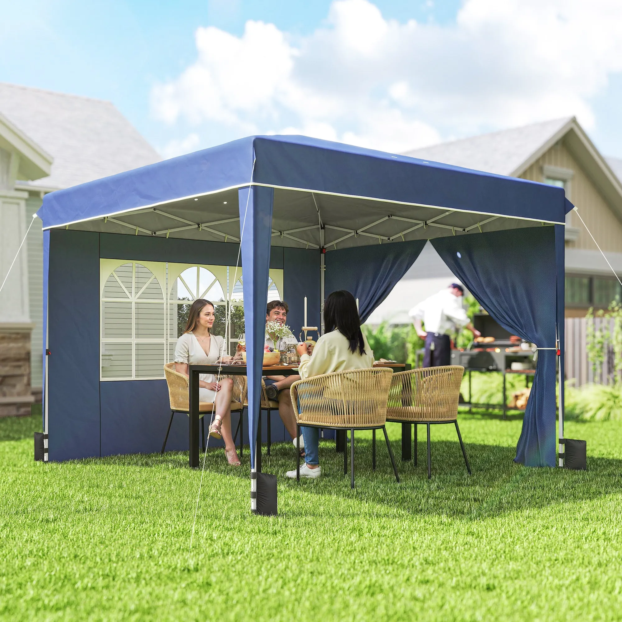Outsunny 3x3m Folding Gazebo with Walls and Adjustable Height, UV Protection 50+, Dark Blue - Image 2