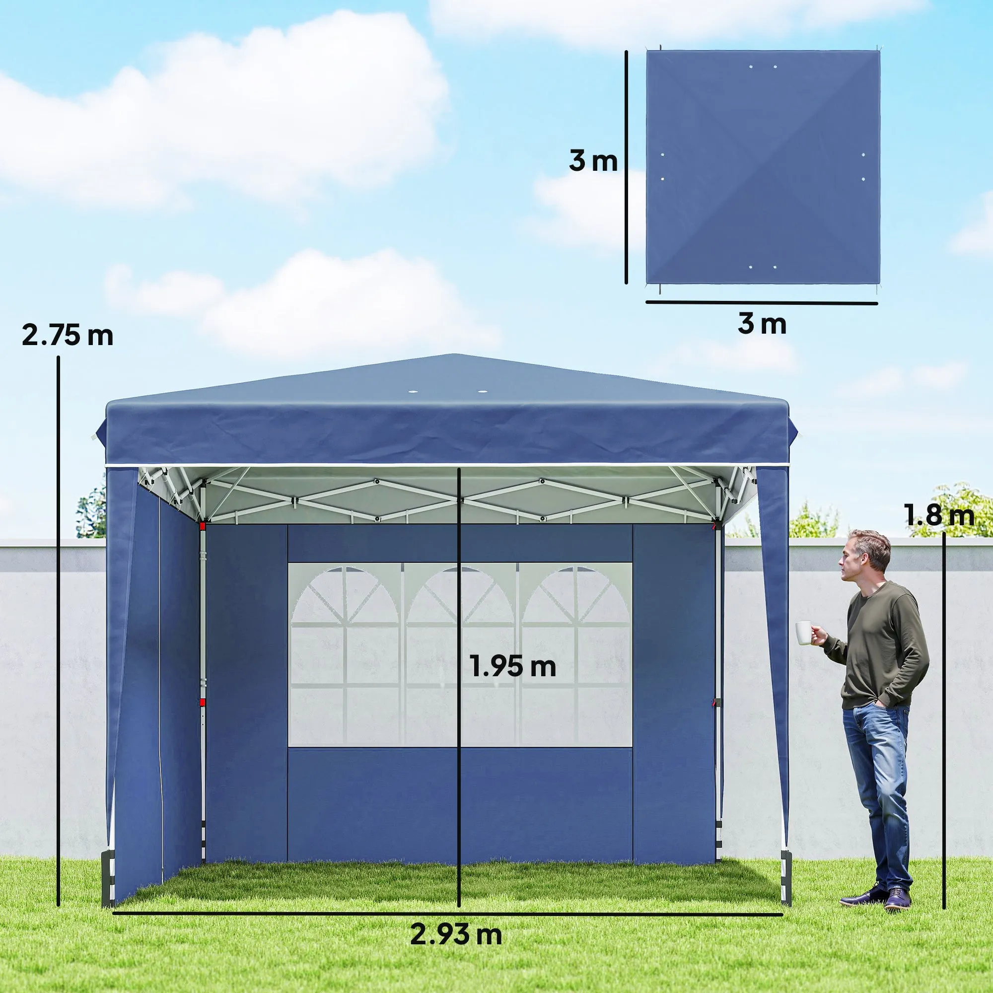 Outsunny 3x3m Folding Gazebo with Walls and Adjustable Height, UV Protection 50+, Dark Blue - Image 3