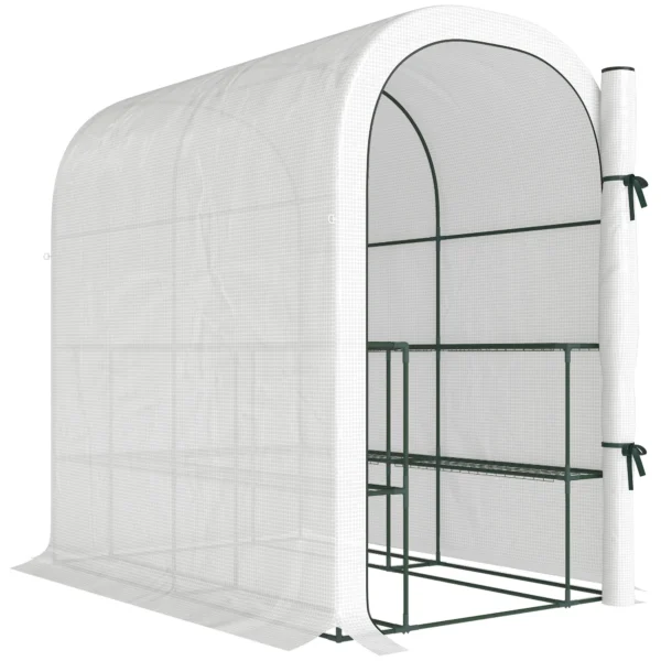 Outsunny Garden Greenhouse with 2-Tier Shelves and Roll-Up Door, Steel and PE, 123x187x189 cm, White