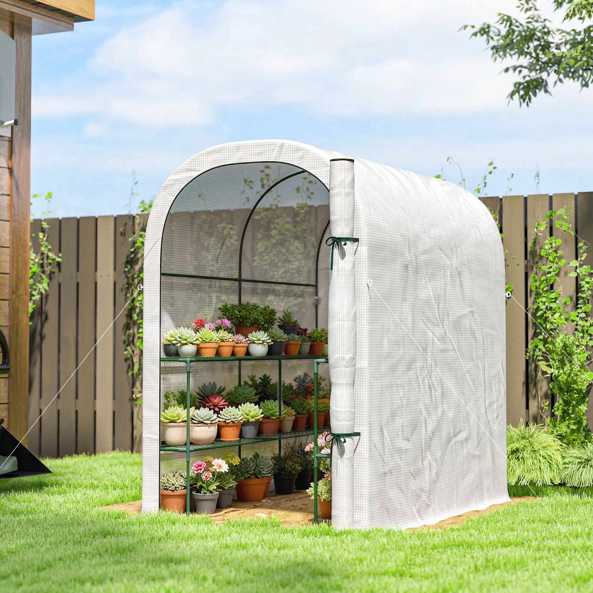 Outsunny Garden Greenhouse with 2-Tier Shelves and Roll-Up Door, Steel and PE, 123x187x189 cm, White - Image 2