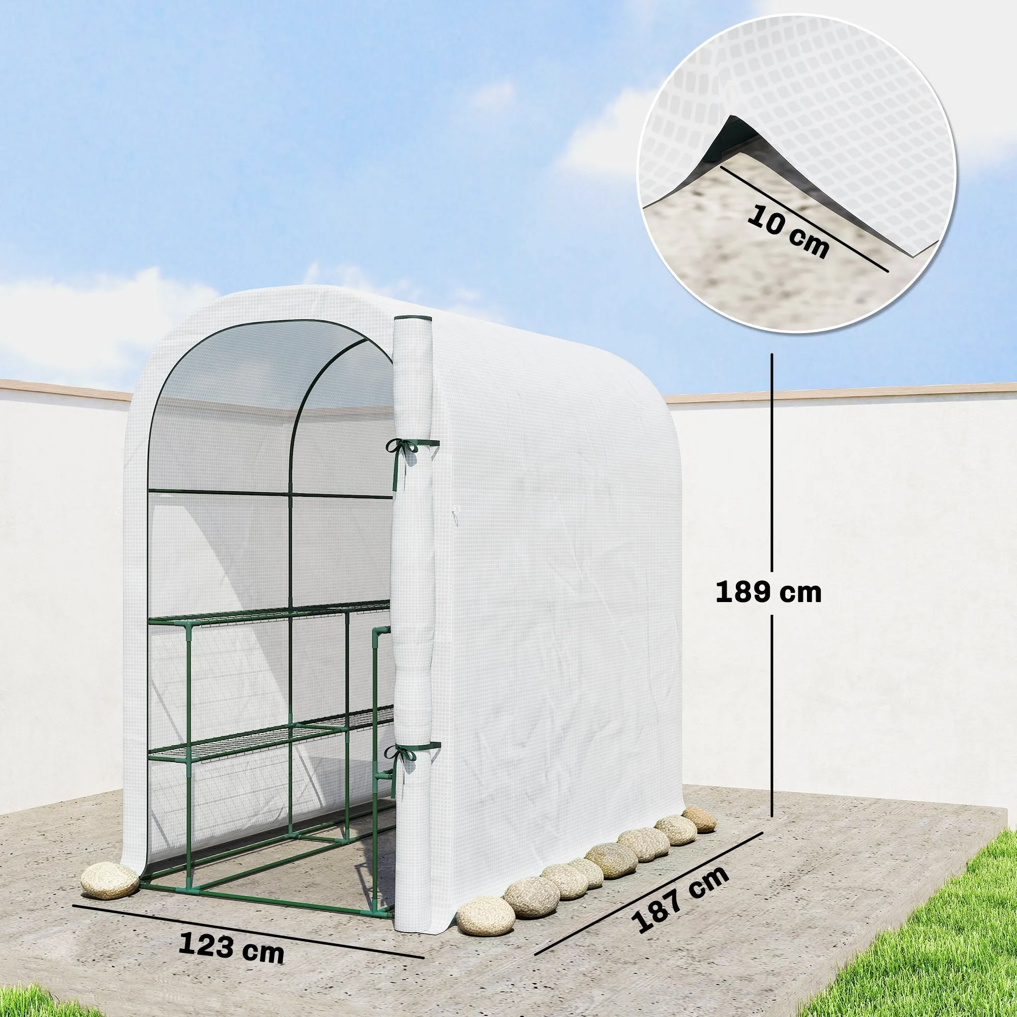 Outsunny Garden Greenhouse with 2-Tier Shelves and Roll-Up Door, Steel and PE, 123x187x189 cm, White - Image 3
