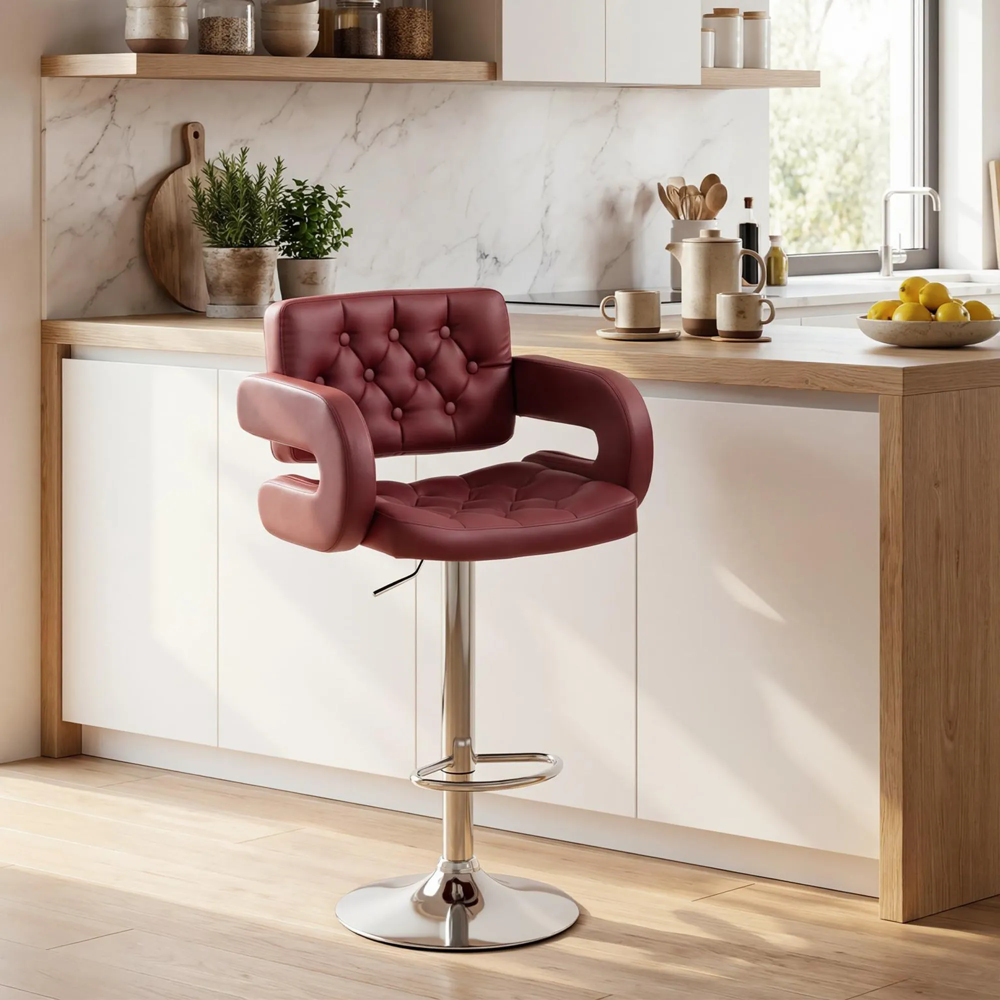 HOMCOM Bar Stool with Backrest and Armrests, Adjustable Height and Footrest, Faux Leather Red - Image 2