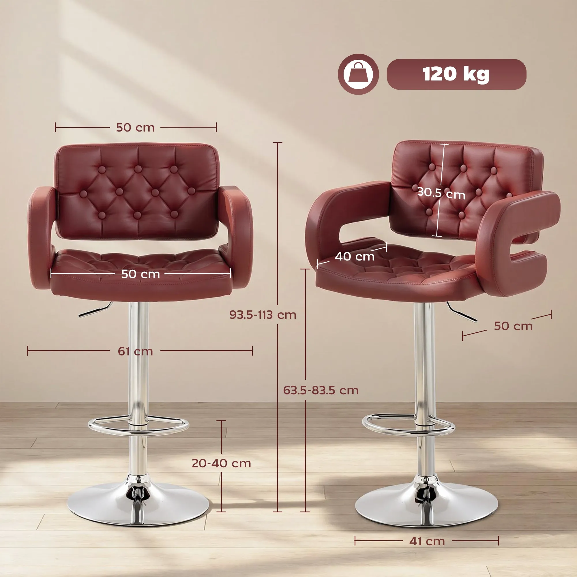 HOMCOM Bar Stool with Backrest and Armrests, Adjustable Height and Footrest, Faux Leather Red - Image 3
