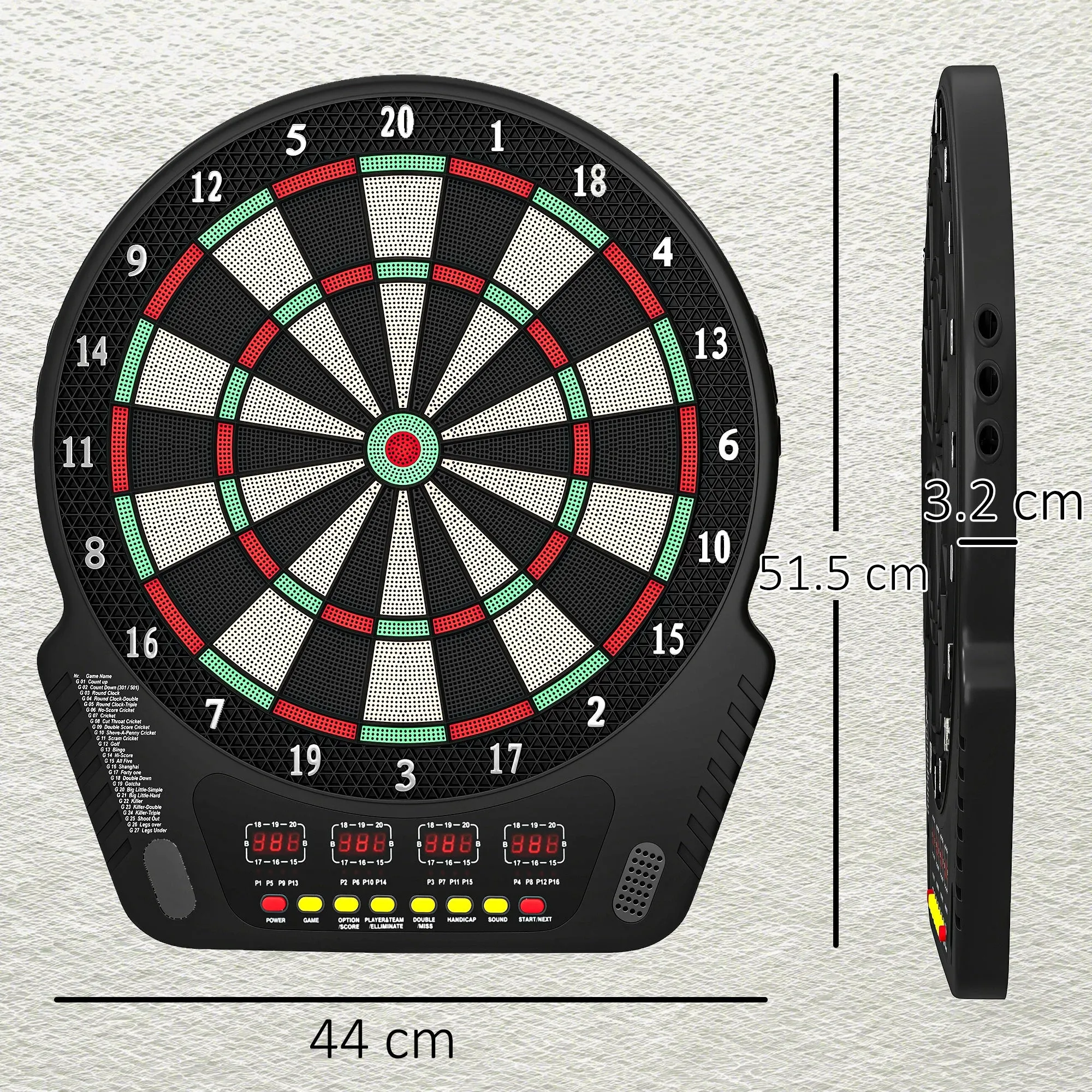 HOMCOM Dartboard with 6 Darts, Power Supply, 4 LED Displays and 27 Games, Made of ABS and PP, 44x51.5x3.2 cm, Black - Image 3
