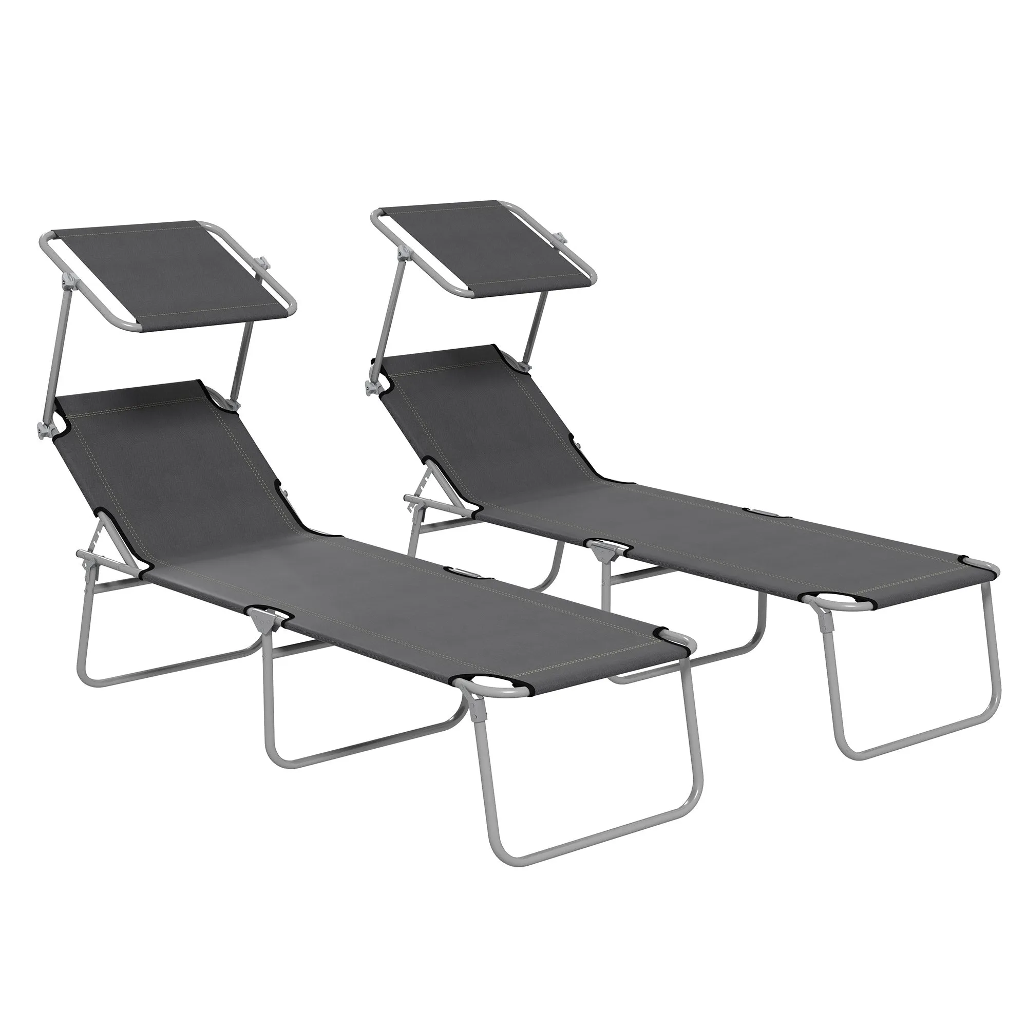 Outsunny Set of 2 Folding Garden Loungers with Adjustable Canopy, Oxford Fabric and Metal, 187x58x36 cm, Grey