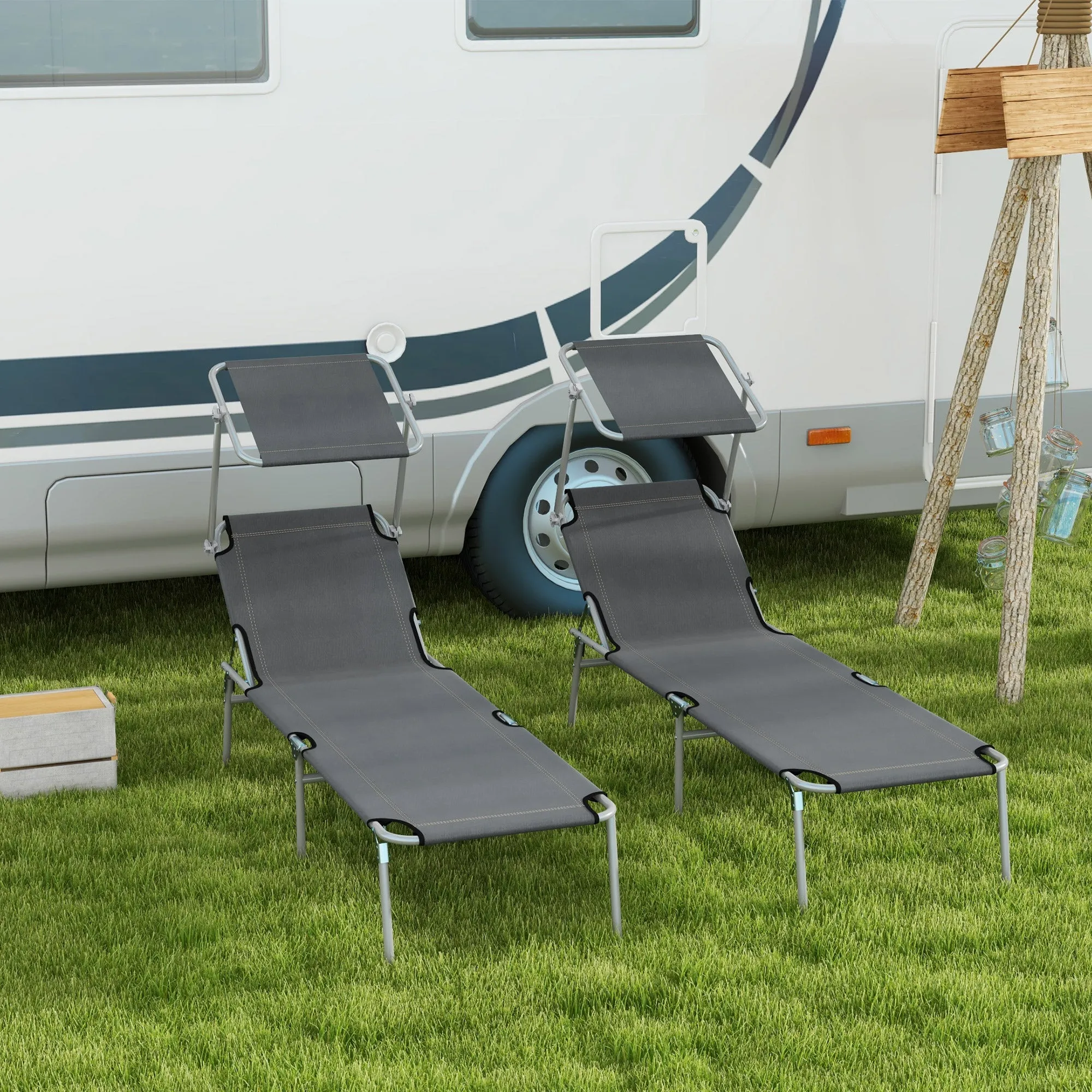 Outsunny Set of 2 Folding Garden Loungers with Adjustable Canopy, Oxford Fabric and Metal, 187x58x36 cm, Grey - Image 2