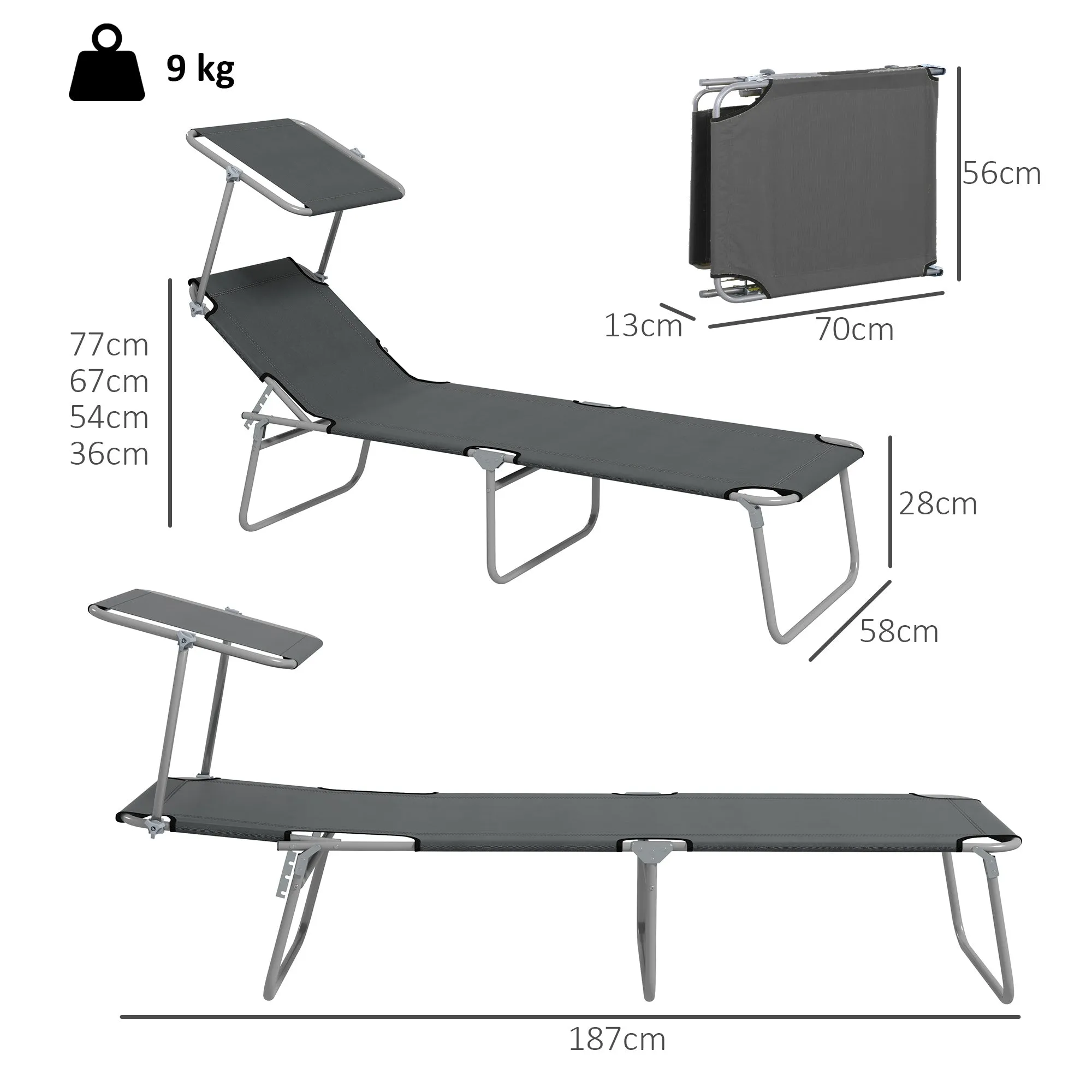Outsunny Set of 2 Folding Garden Loungers with Adjustable Canopy, Oxford Fabric and Metal, 187x58x36 cm, Grey - Image 3