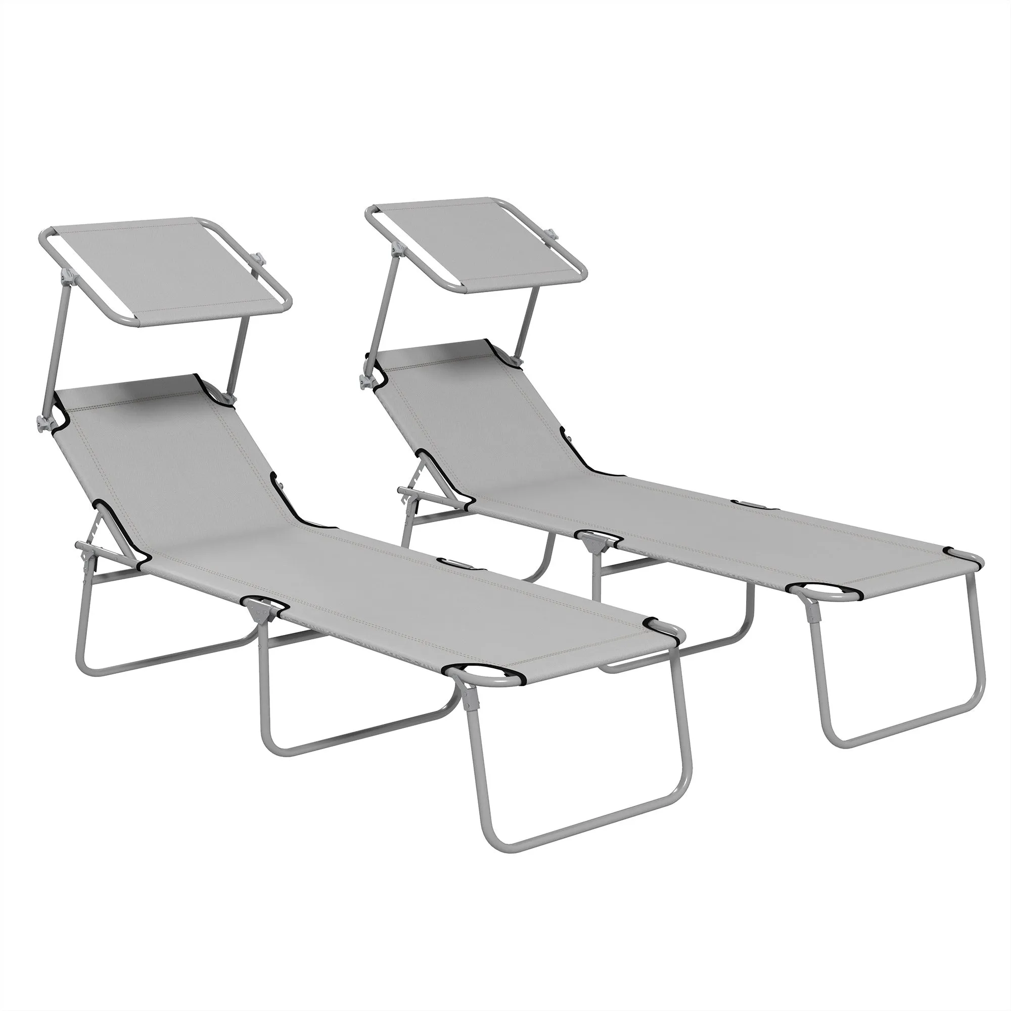 Outsunny Set of 2 Folding Garden Loungers with Adjustable Canopy, Oxford Fabric and Metal, 187x58x36 cm, Light Grey