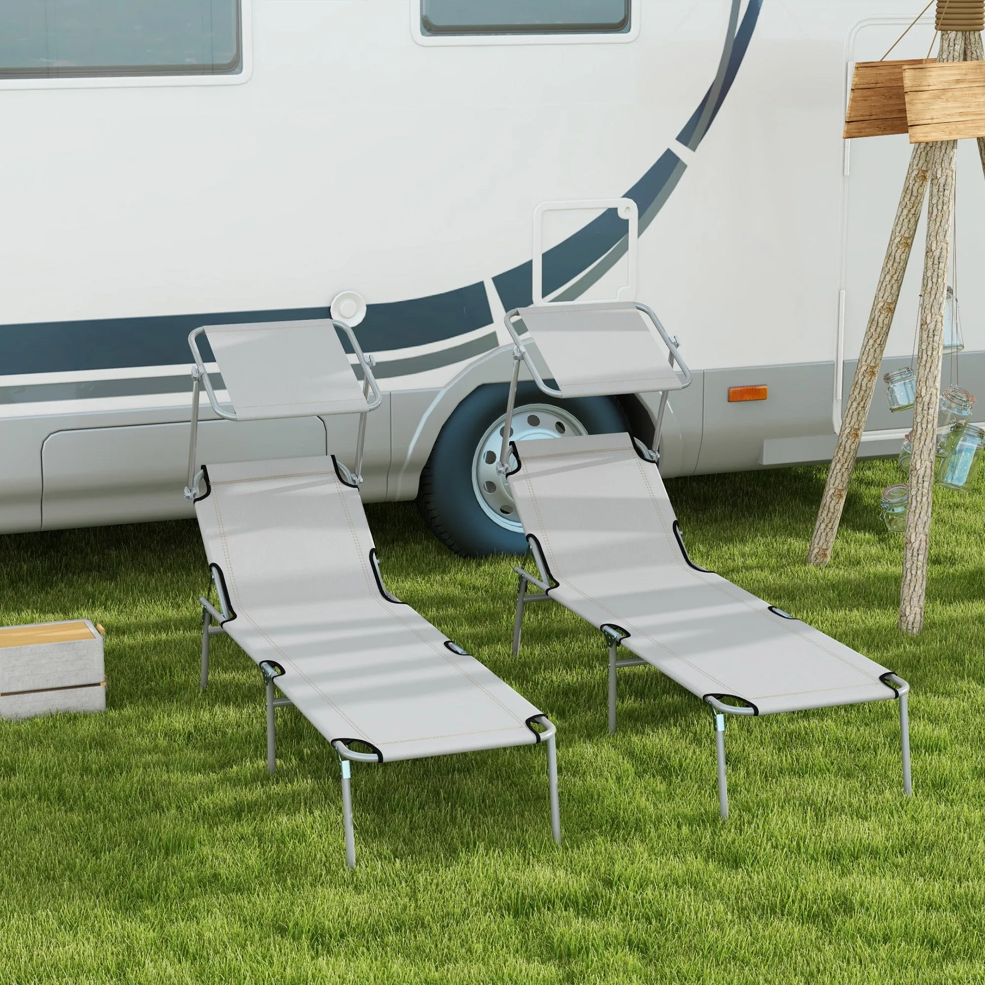 Outsunny Set of 2 Folding Garden Loungers with Adjustable Canopy, Oxford Fabric and Metal, 187x58x36 cm, Light Grey - Image 2