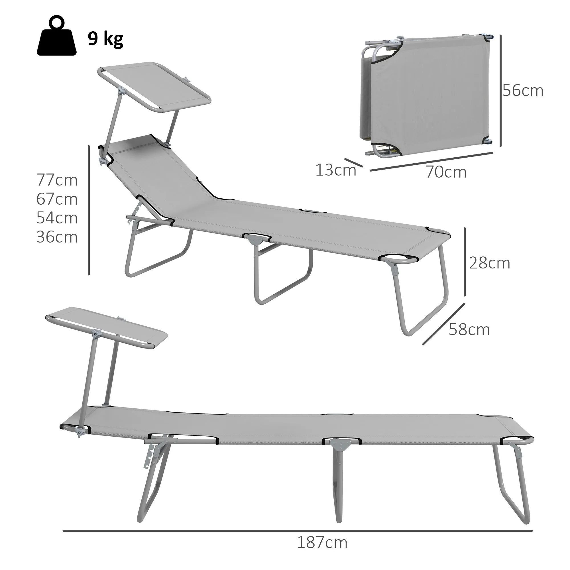 Outsunny Set of 2 Folding Garden Loungers with Adjustable Canopy, Oxford Fabric and Metal, 187x58x36 cm, Light Grey - Image 3