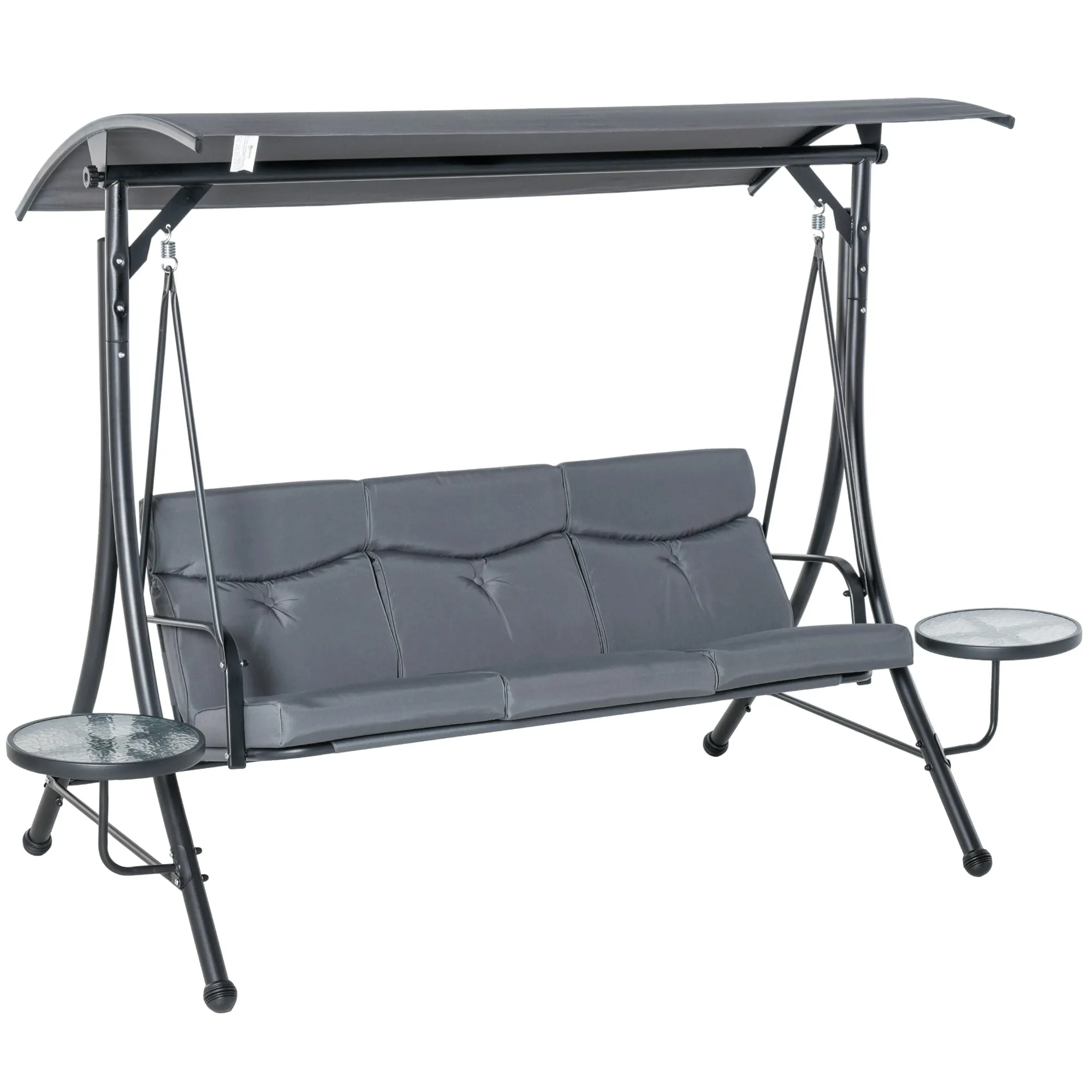 Outsunny 3-Seater Garden Swing, Outdoor Swing with Adjustable Canopy and 2 Side Tables, Grey 271x125x177cm