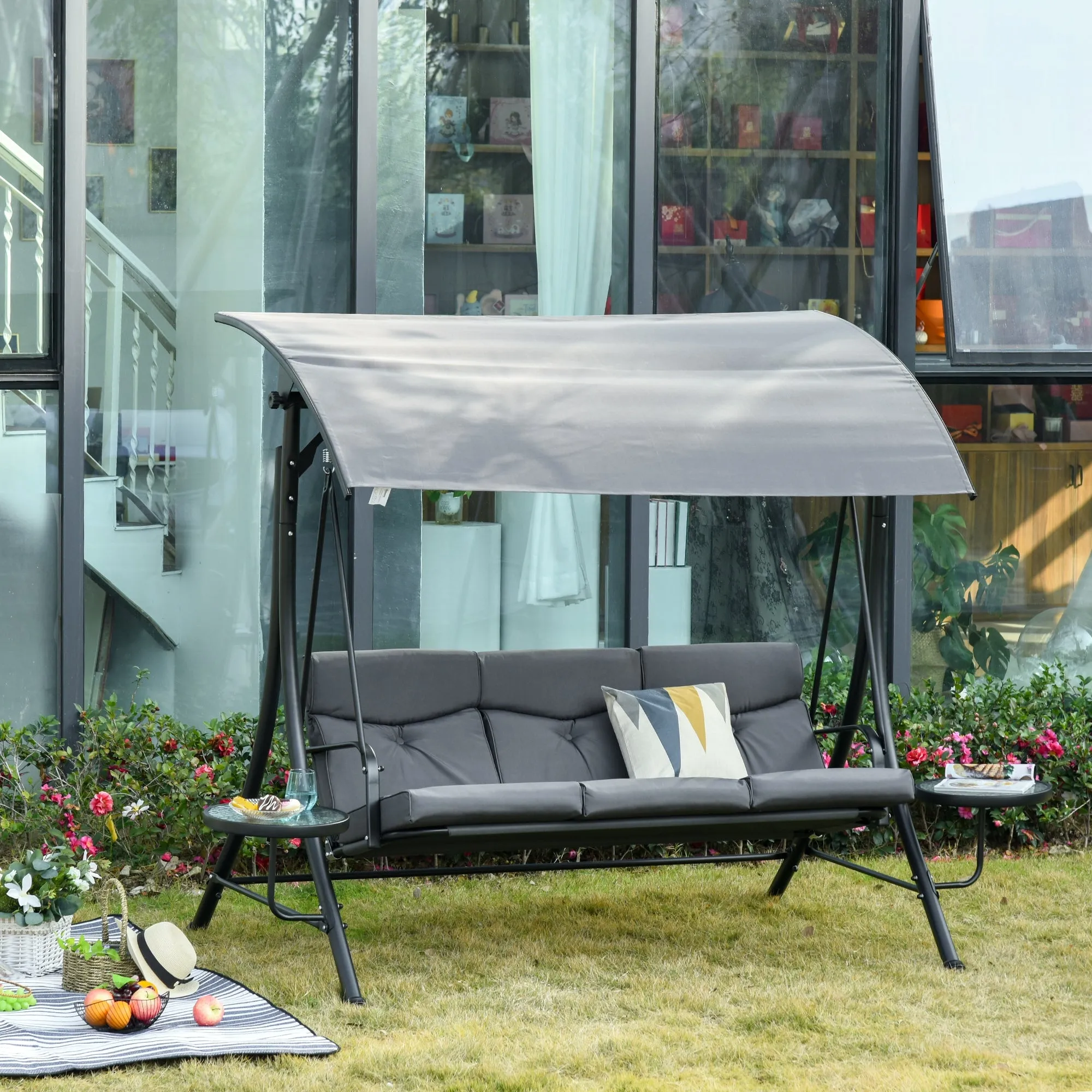 Outsunny 3-Seater Garden Swing, Outdoor Swing with Adjustable Canopy and 2 Side Tables, Grey 271x125x177cm - Image 2