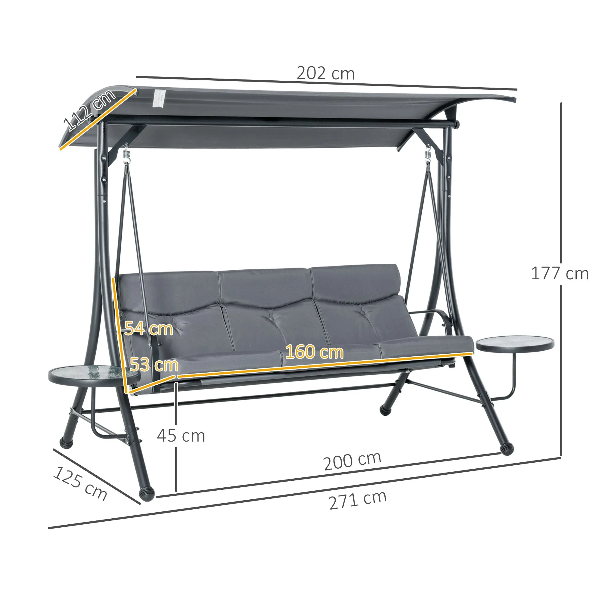 Outsunny 3-Seater Garden Swing, Outdoor Swing with Adjustable Canopy and 2 Side Tables, Grey 271x125x177cm - Image 3