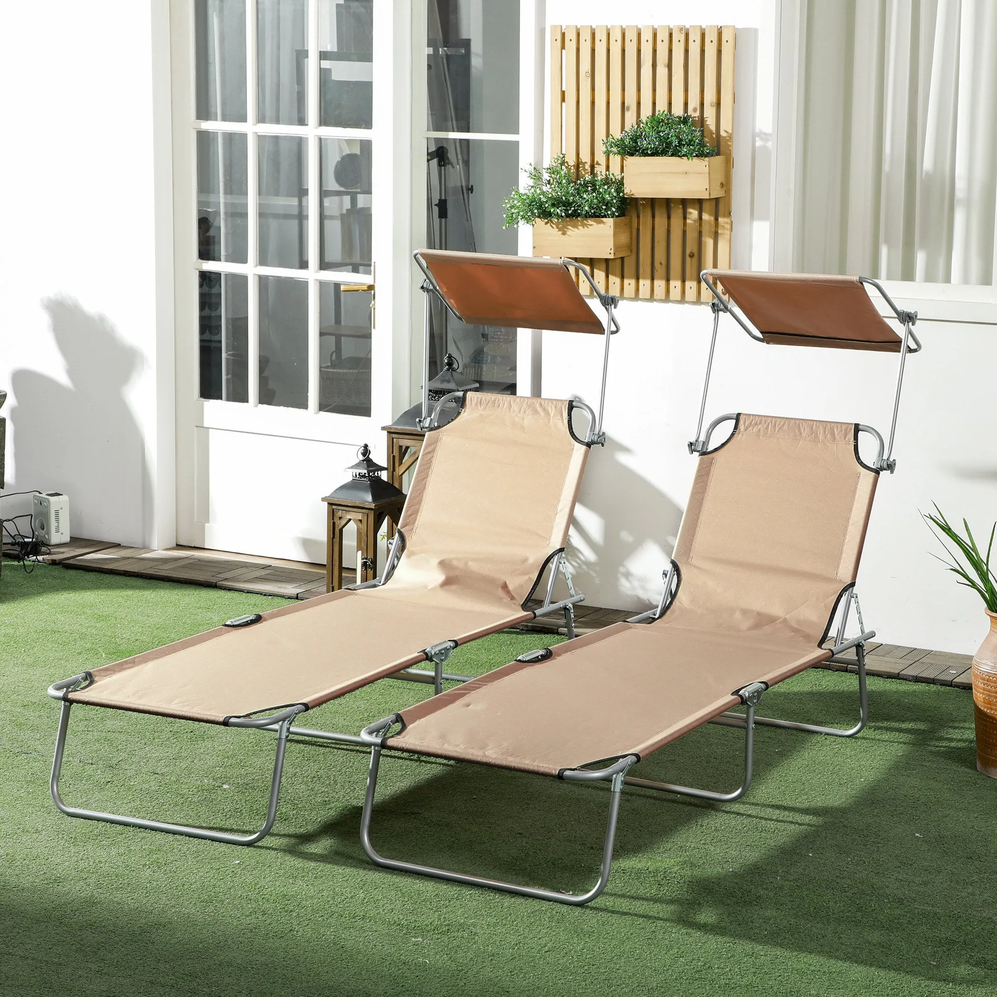 Outsunny Set of 2 Folding Garden Loungers with Adjustable Canopy, Oxford Fabric and Metal, 187x58x36 cm, Brown - Image 2