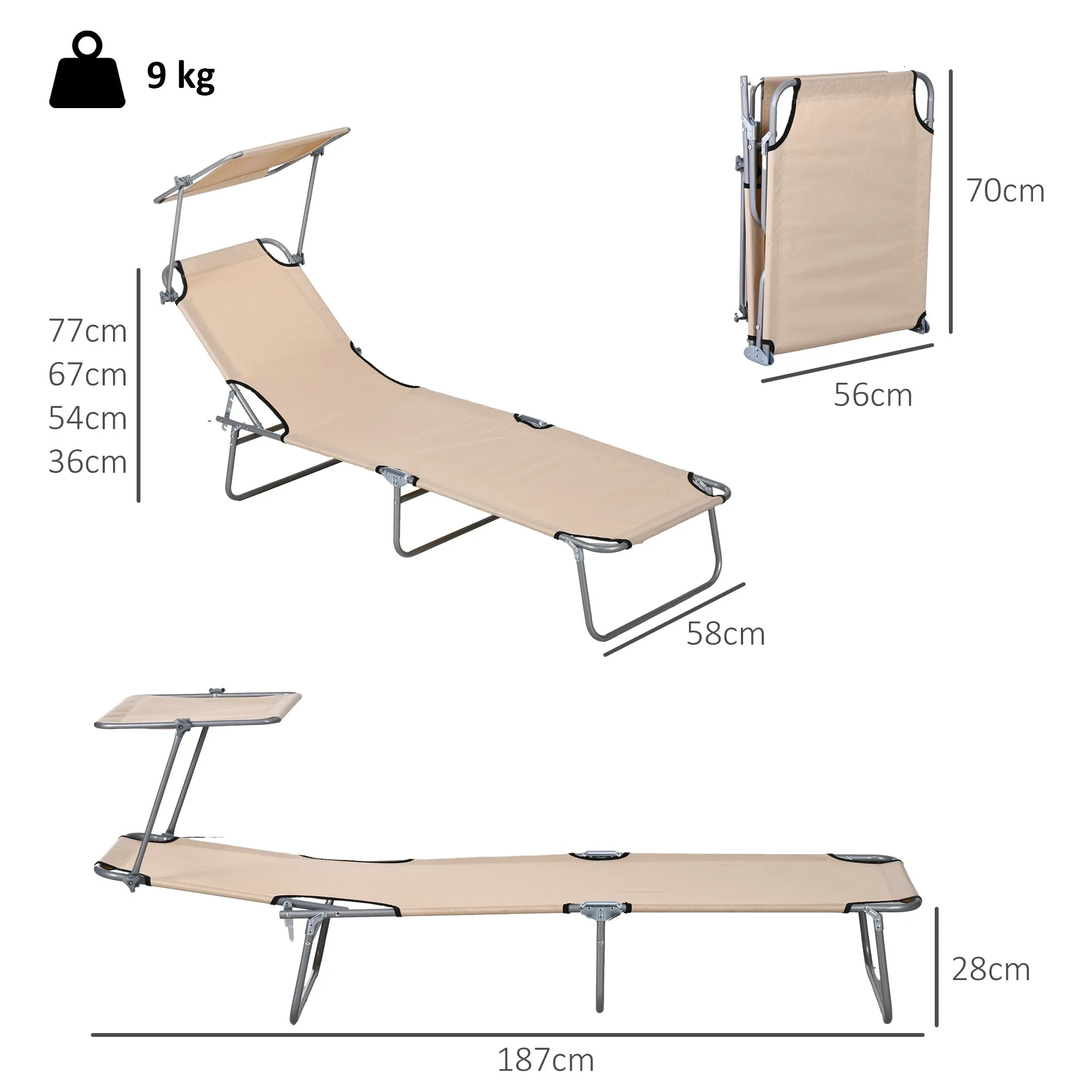 Outsunny Set of 2 Folding Garden Loungers with Adjustable Canopy, Oxford Fabric and Metal, 187x58x36 cm, Brown - Image 3