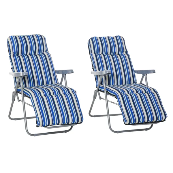 Outsunny Set of 2 Folding Deck Chairs with 5-Level Adjustable Backrest, Steel and Polyester, 60x75x102 cm, Blue and Cream