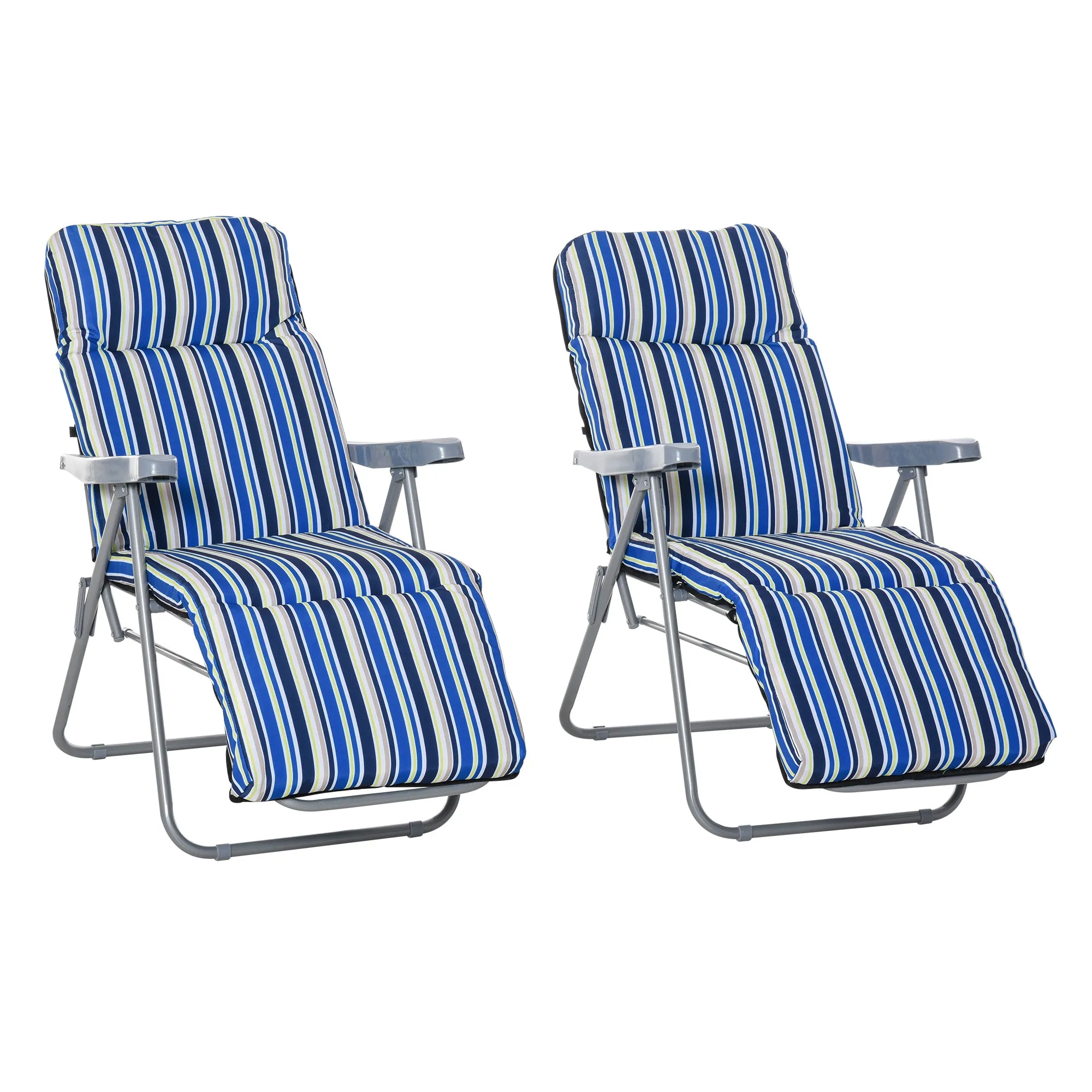 Outsunny Set of 2 Folding Deck Chairs with 5-Level Adjustable Backrest, Steel and Polyester, 60x75x102 cm, Blue and Cream