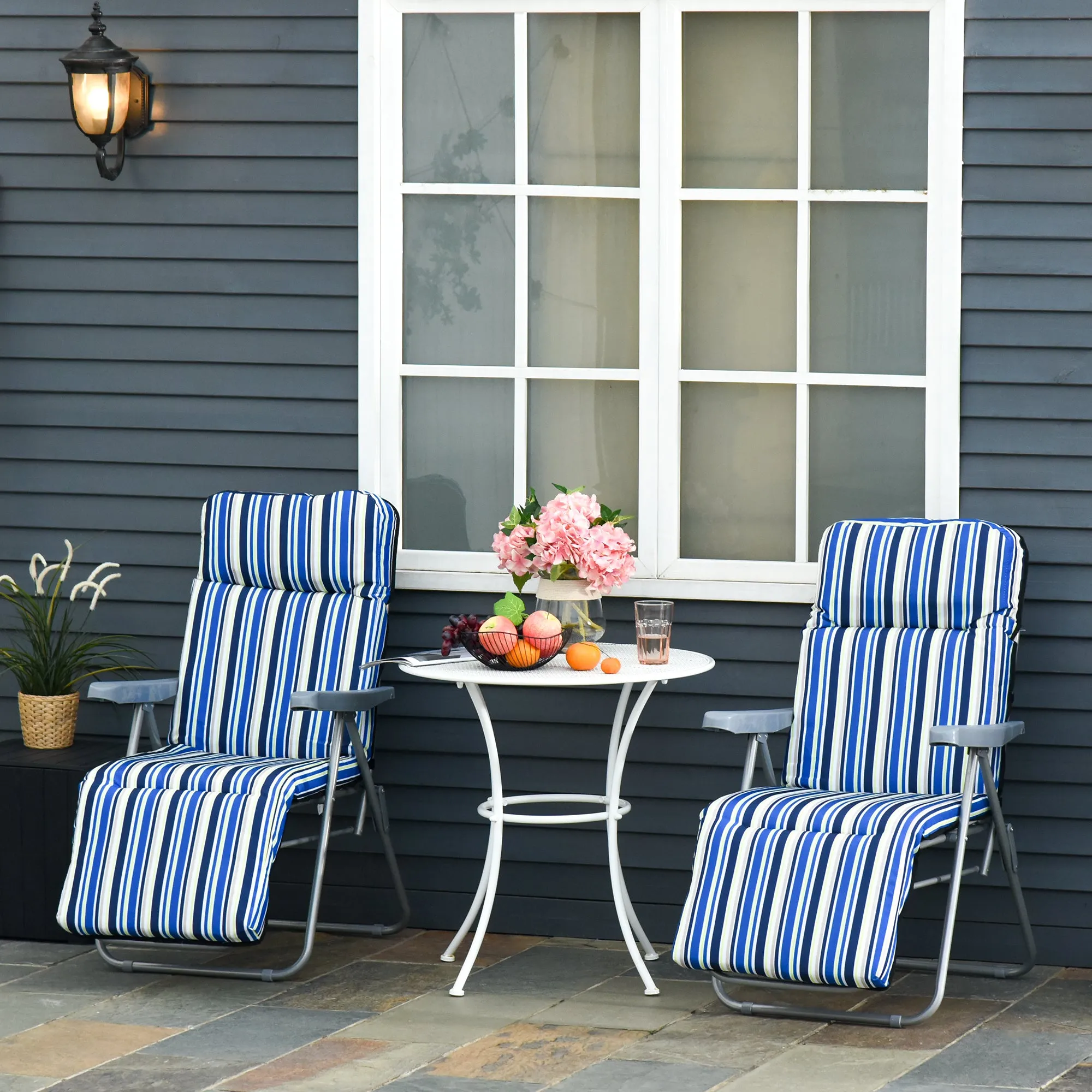 Outsunny Set of 2 Folding Deck Chairs with 5-Level Adjustable Backrest, Steel and Polyester, 60x75x102 cm, Blue and Cream - Image 2