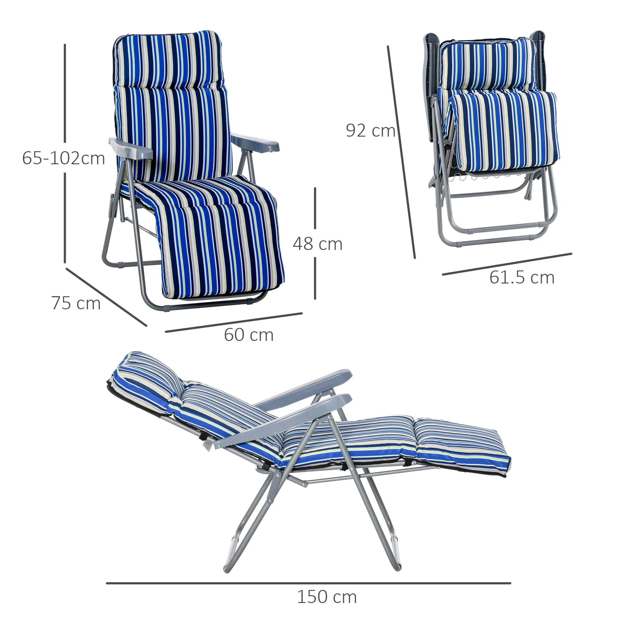 Outsunny Set of 2 Folding Deck Chairs with 5-Level Adjustable Backrest, Steel and Polyester, 60x75x102 cm, Blue and Cream - Image 3